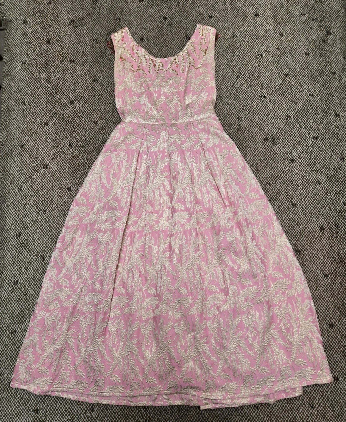 Vintage Formal Beaded Dress PINK Rose Gold Lurex Brocade Long Party 60s sz XS