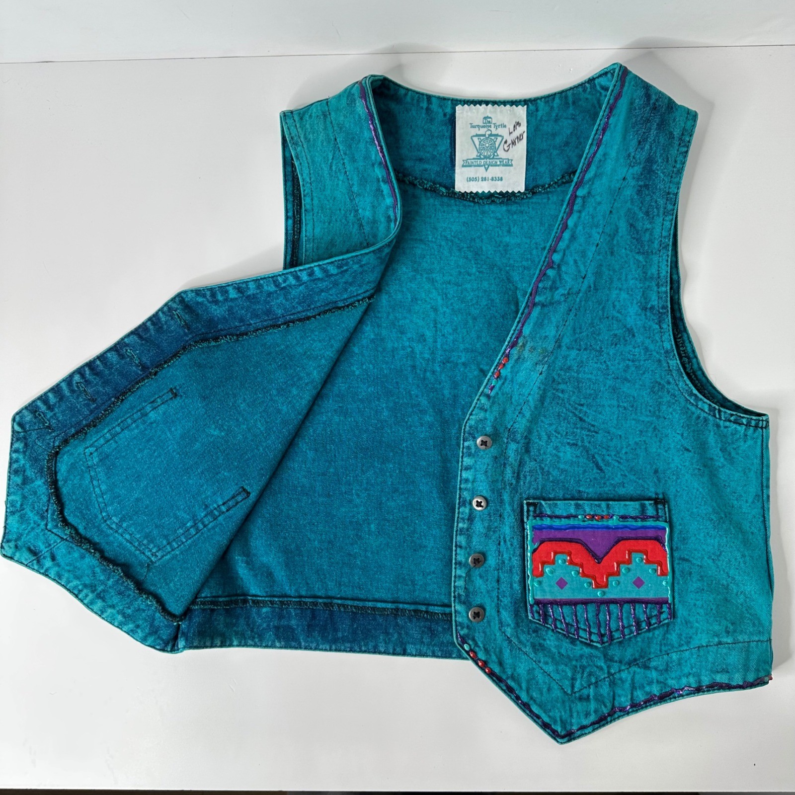 Vtg Turquoise Tyrtle Painted Design Wear Vest Southwestern Acid Wash Festival OS