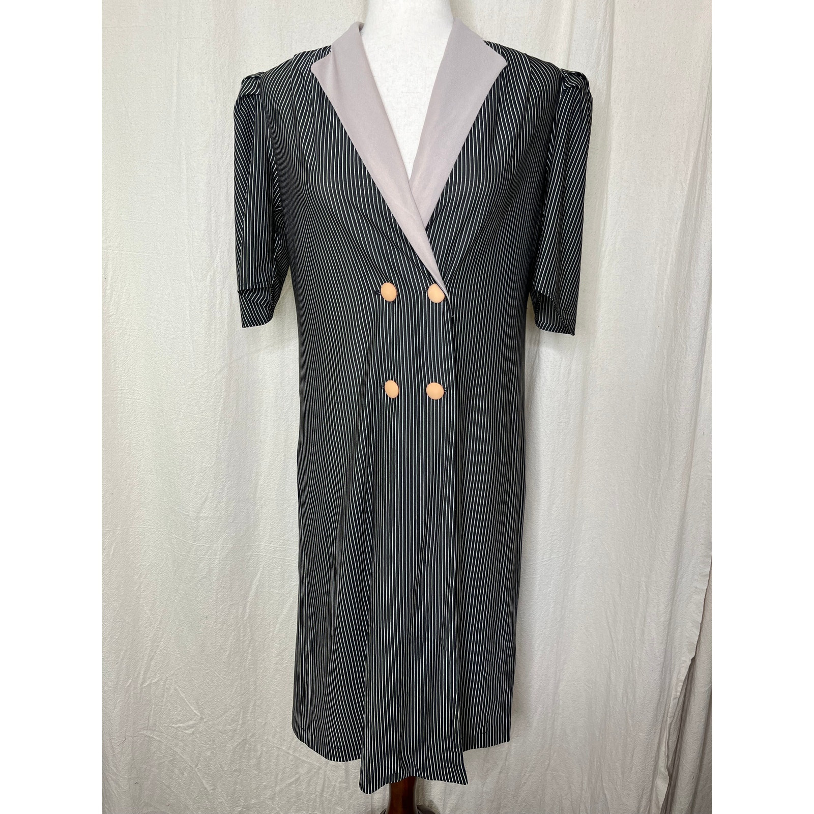 1980s Jerri Gee Pinstripe Black Tan Whimsigoth Vampire Goth Blazer Dress M