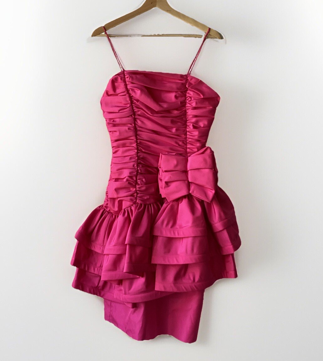 Vintage Nadine Formal Dress Pink Prom Homecoming Shirred Ruffle Bow 11 S XS Knee