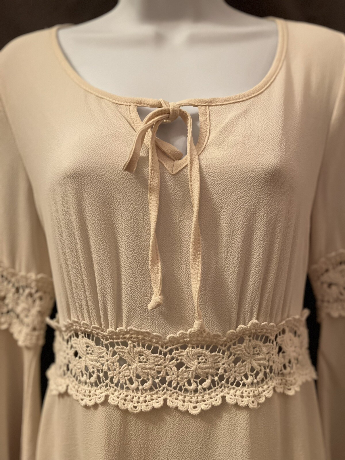 VTG 80s Illa Illa Cream Peasant Boho Gunne Hippie Crochet Lace Mini Dress SZ 8