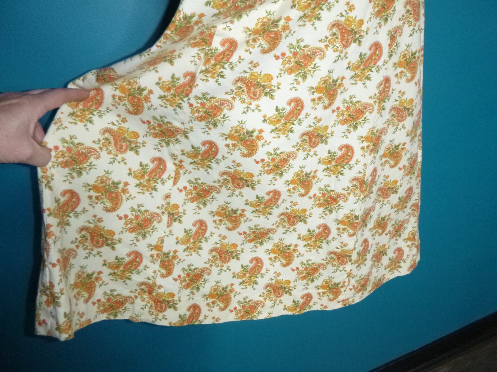 Vtg 60s Heavy Cotton Shift Dress Orange GOld Flowers & Paisleys Sz M/L