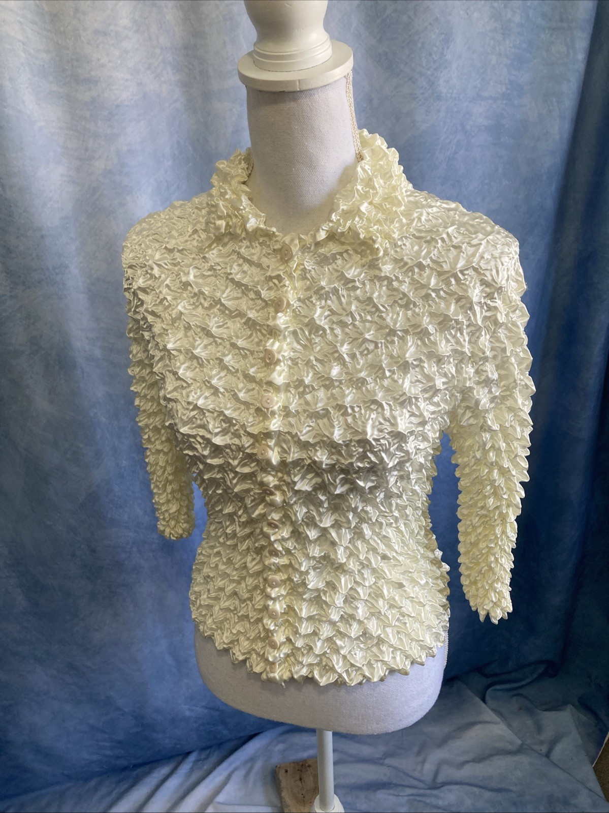 Vtg 90s Y2K Popcorn Shirt Cardigan Ivory Cream Magic Bubble Stretch Top One Size