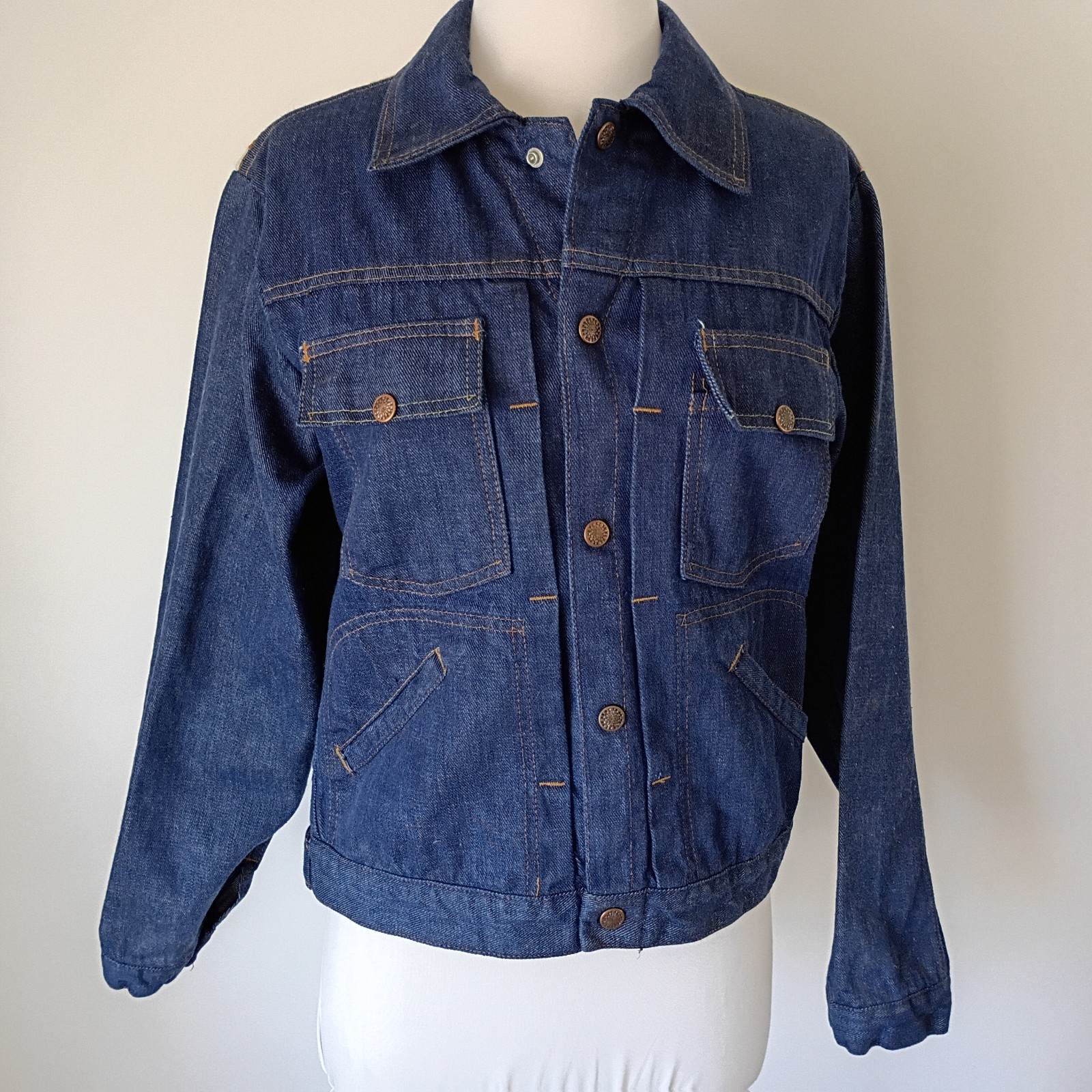 Vtg 70s Denim Jeans Jacket S/M Boho Embroidered Hippie USA Screen Door Threads