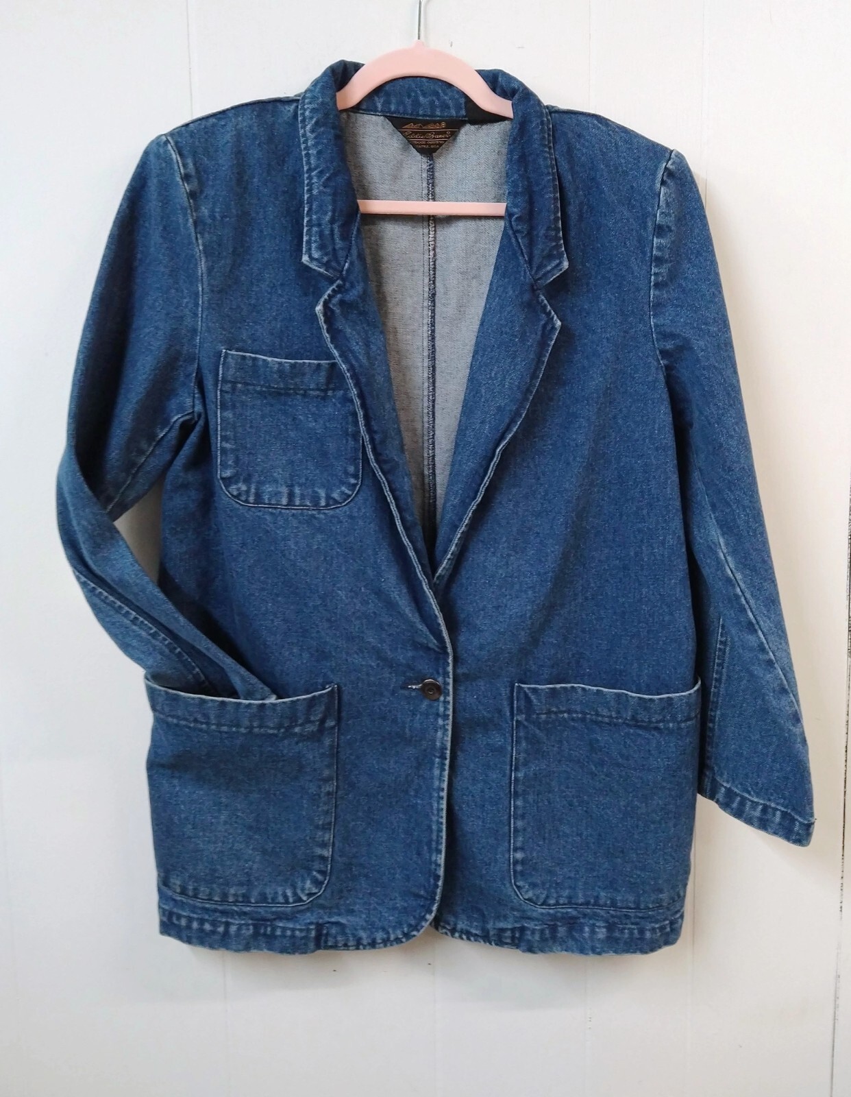 VTG Eddie Bauer WM M Jean Jacket Blue Dark Wash 3 Pockets Notched Lapel 1 Button