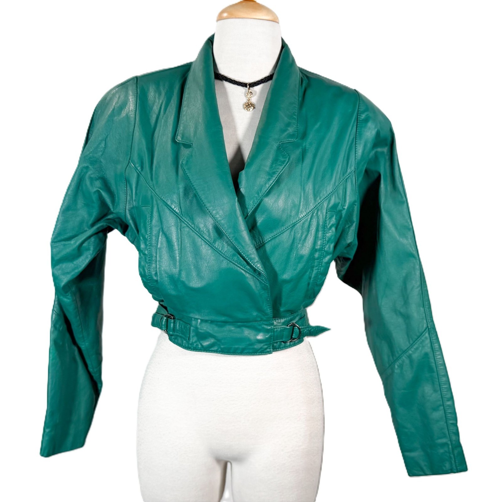 80s Chia Green Leather Cropped Jacket, Punk Grunge Jacket XS