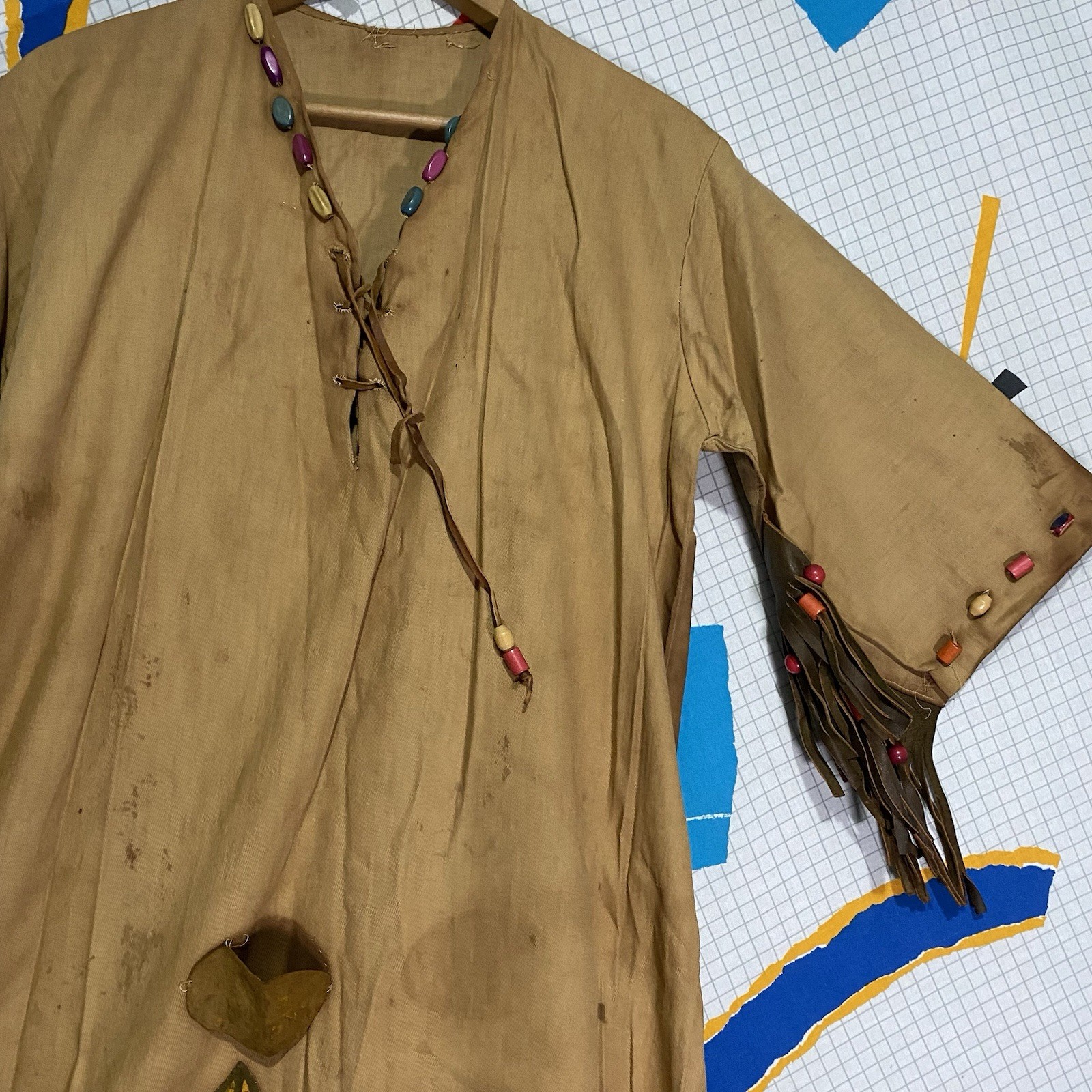 Antique 20s 30s Native Gown Leather Fringe Beads Patches Campfire Girls Navajo