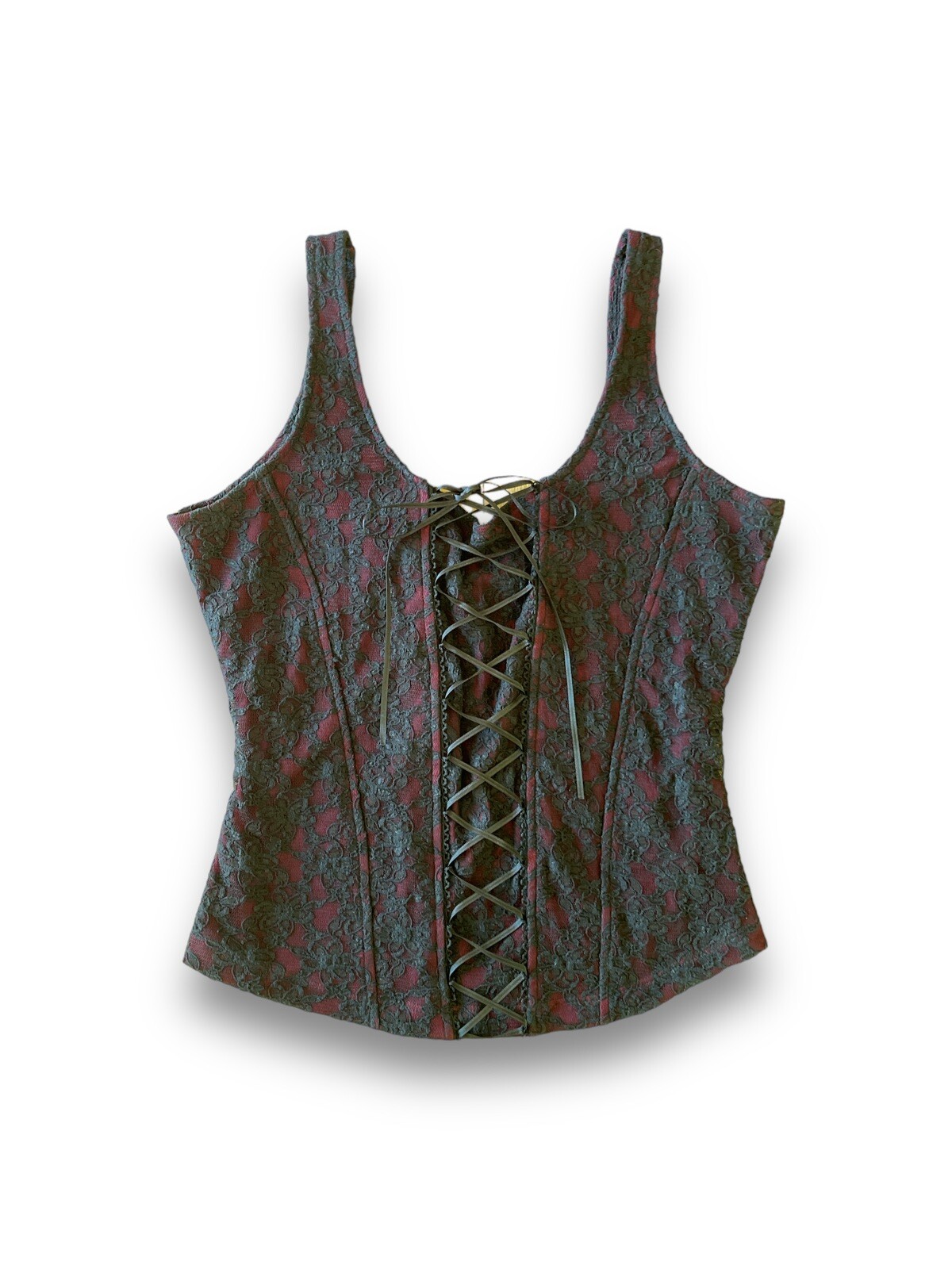 Vintage Y2K Bhs Limited Lace Up Lace Cami Top Size 8 Bust 32 Black Red Goth Vamp