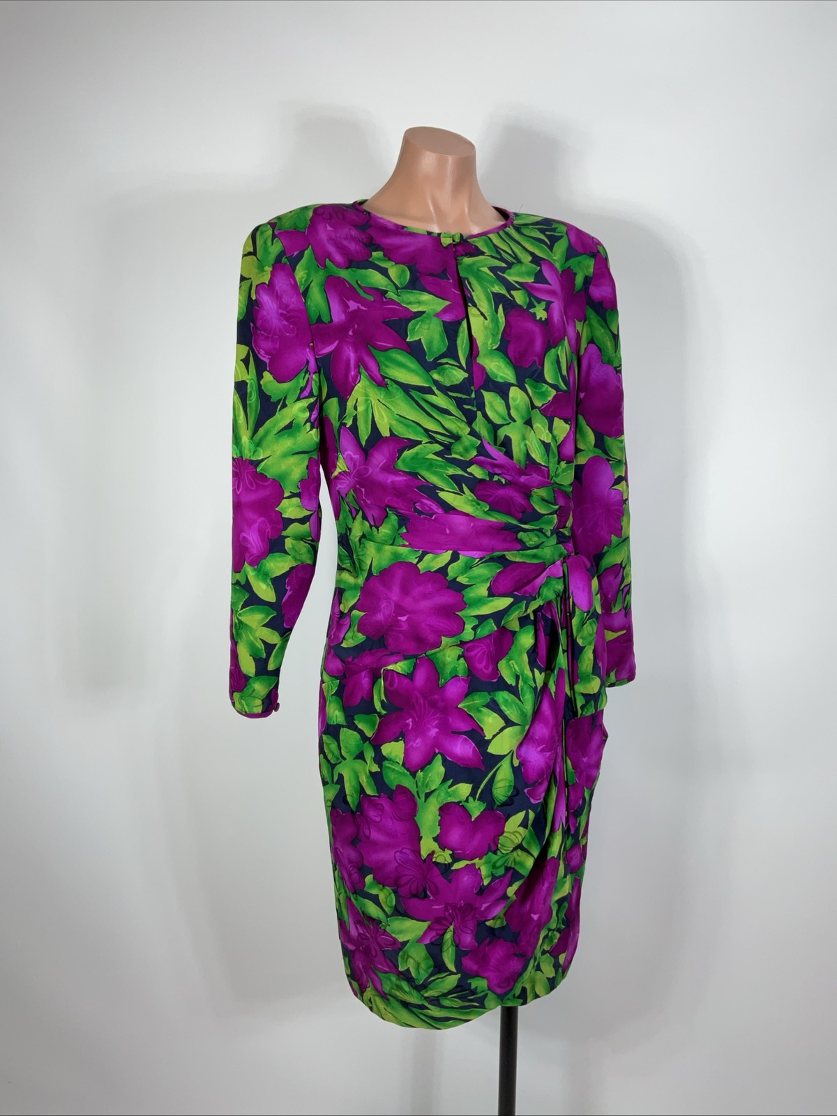 80s VTG AJ Bari Evening Dress Bright Floral Faux Wrap Ruched Puffy Sleeve 12