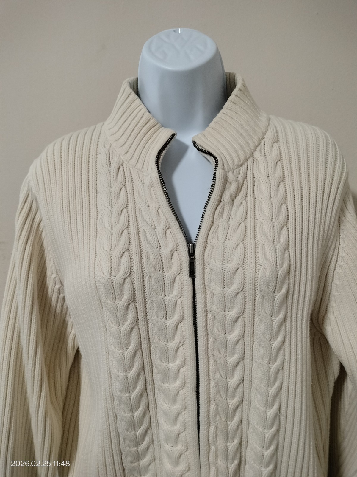 90s Lands End Cable Knit Full Zip Sweater Women’s 100% Cotton Sz 1X Beige