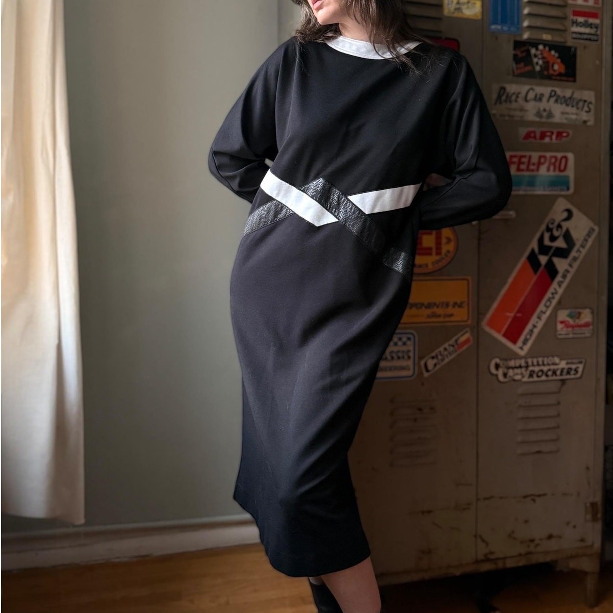 Vintage 70s Leslie Fay Knit Midi Dress | Black White Graphic | Size 14