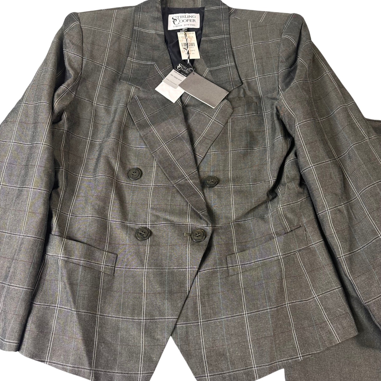 Stirling Cooper Vintage Gray Windowpane Plaid Skirt Suit Set NWT Size 12
