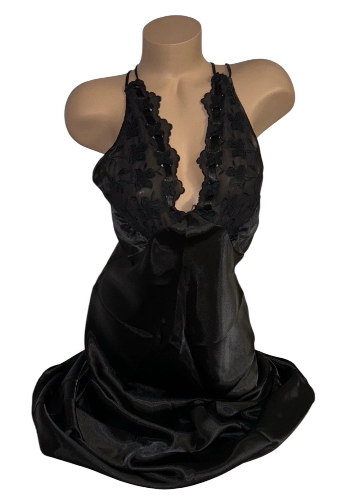 SEARS INTIMO AMORE Black Shiny Satin Sheer Embroidery Lace Long Nightgown M NWOT