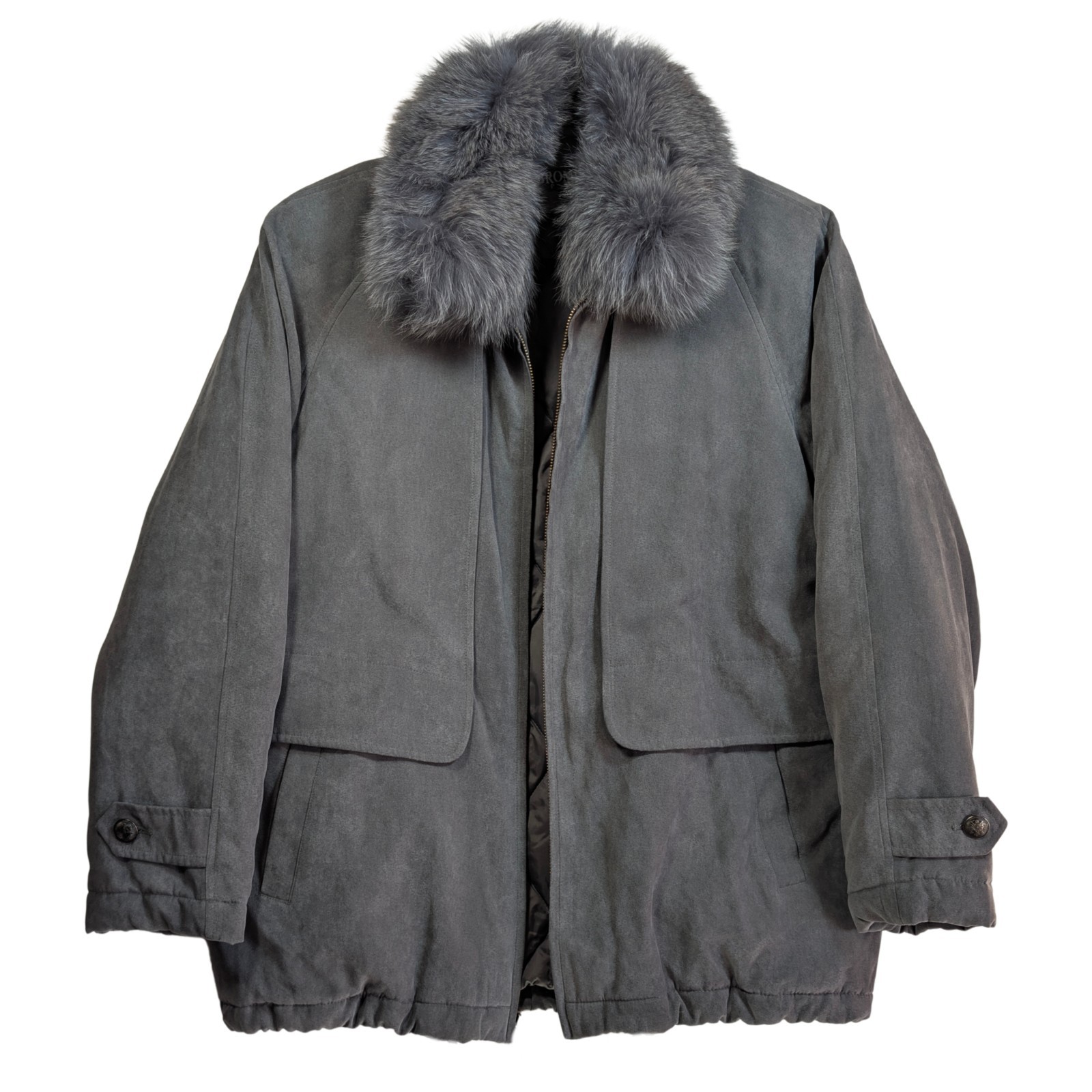 Vintage 80s – 90s Microsuede Fox Fur Collar Oversize Insulated Coat Sz Med