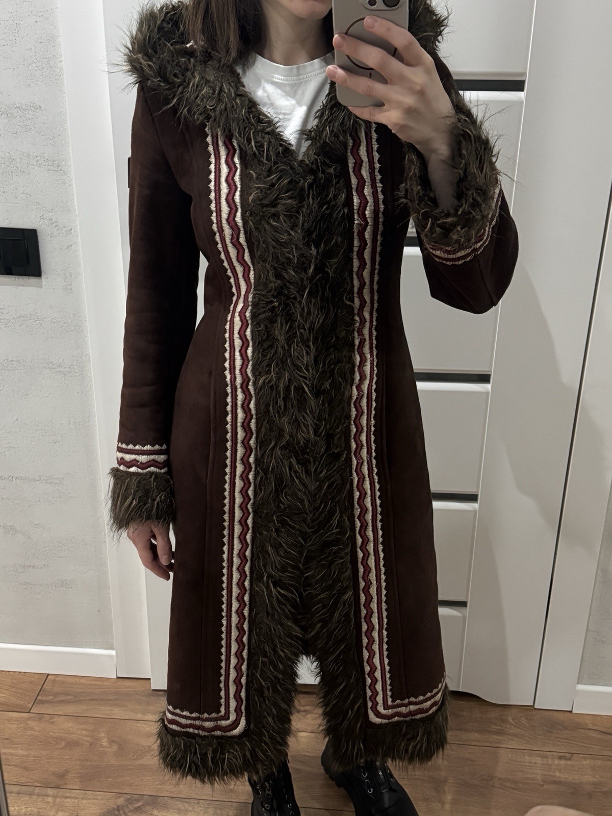 VINTAGE BOHO PENNY LANE AFGHAN STYLE FAUX FUR EMBROIDERED COAT FROM TOP SHOP 8 S