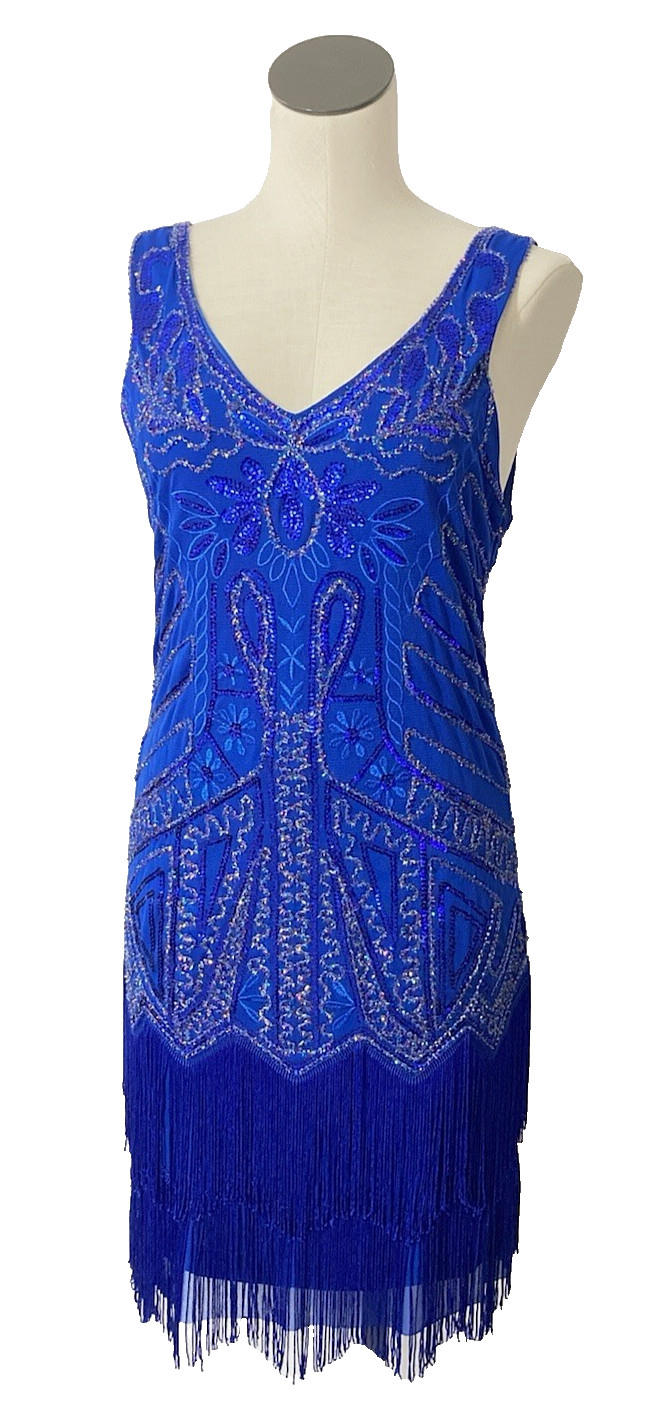 Flapper Dress 1920s Style Fringe Sequin Beaded Great Gatsby Party M Blue