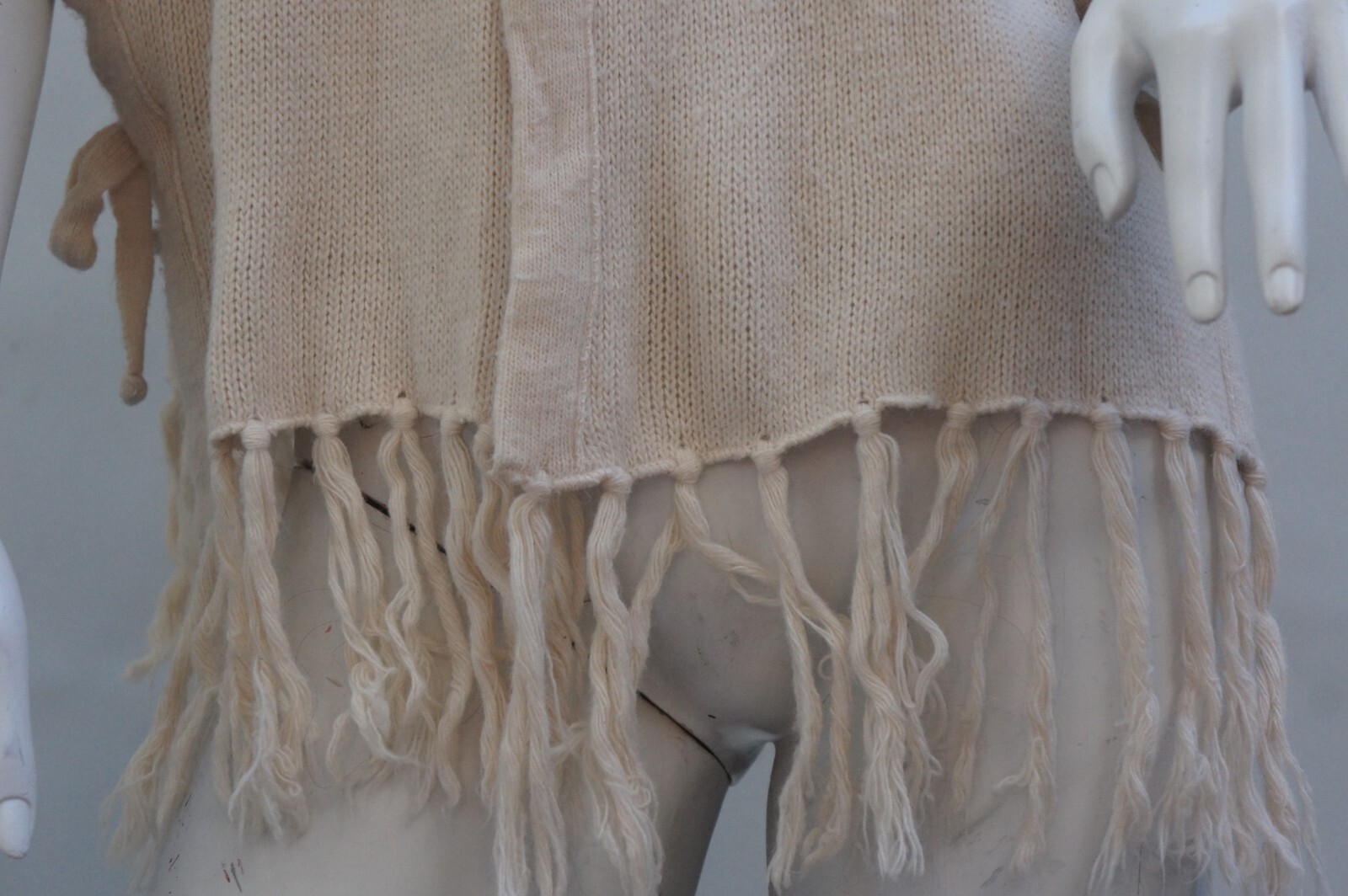 Vintage 70s Knit Creme White Fringe Poncho Jacket Sweater Cardigan By Milrank