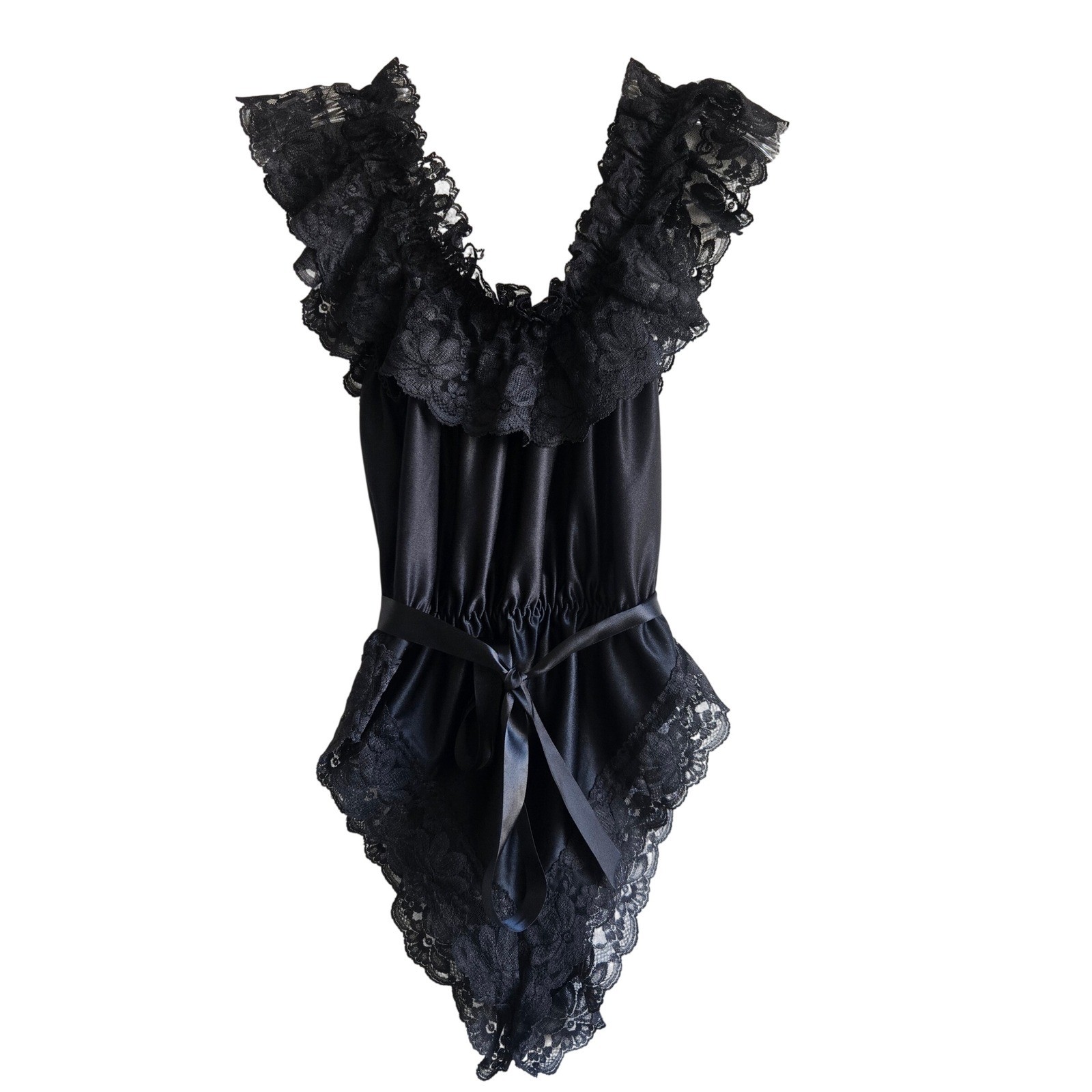 Dolores S Poirette Medium Teddy Bodysuit Womens Black Excellent Lace Ruffle Vtg