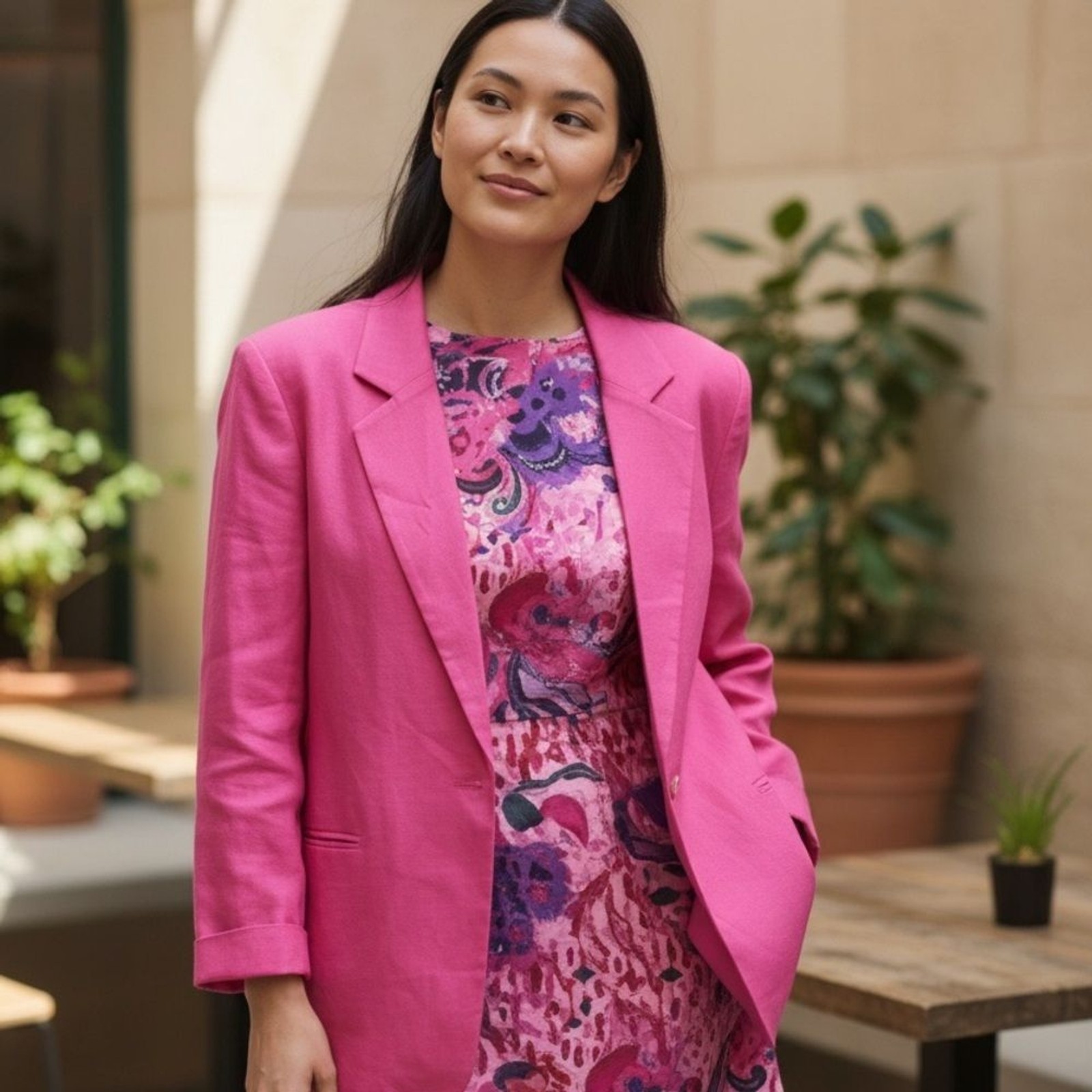 Diane Gilman Vibrant Pink floral sequined dress & Blazer 100% silk set Sz L