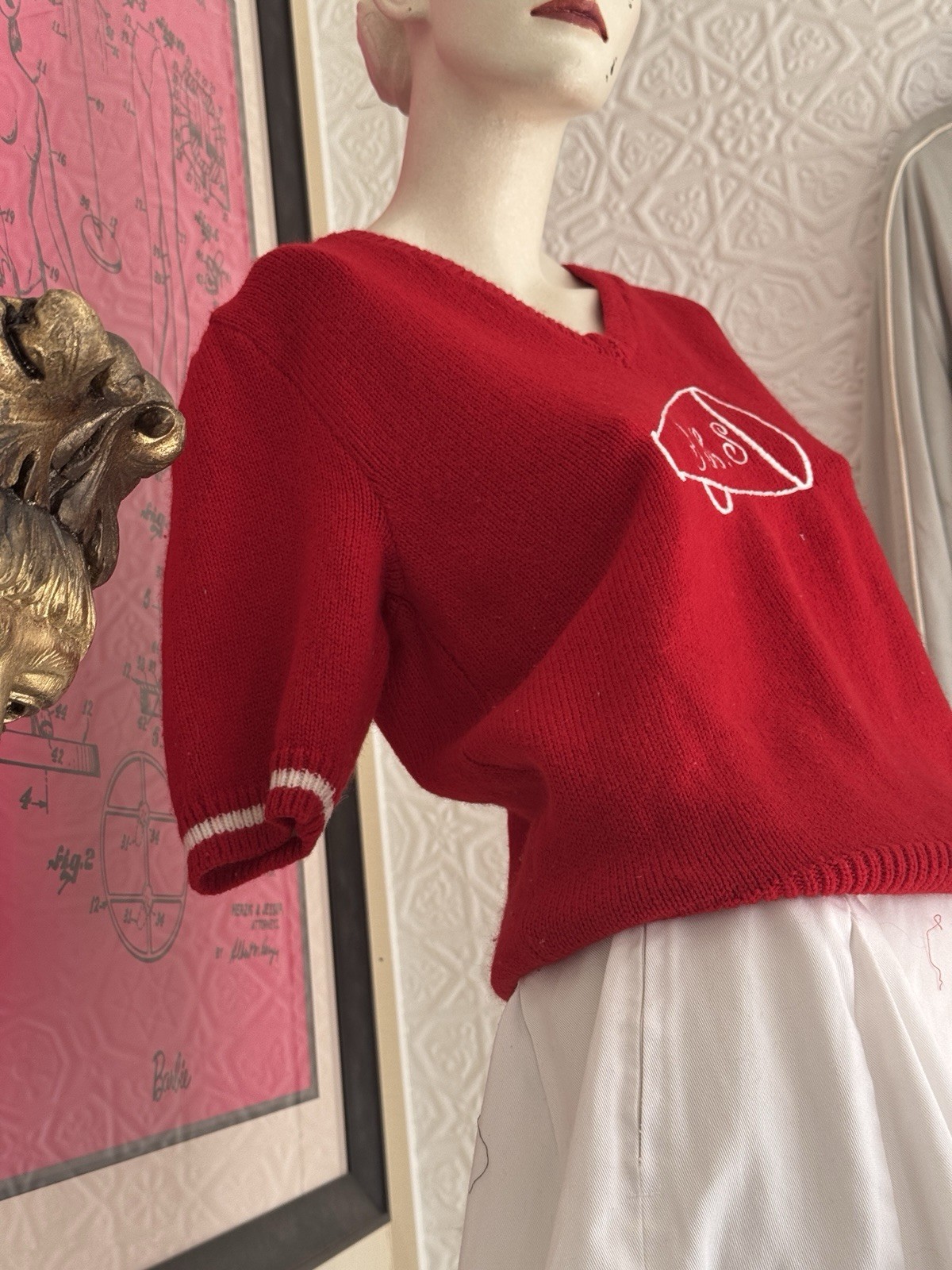 Vintage Cheerleading Sweater-1980s-Varsity-Red-Cheer-Team-coquette-Small/Medium