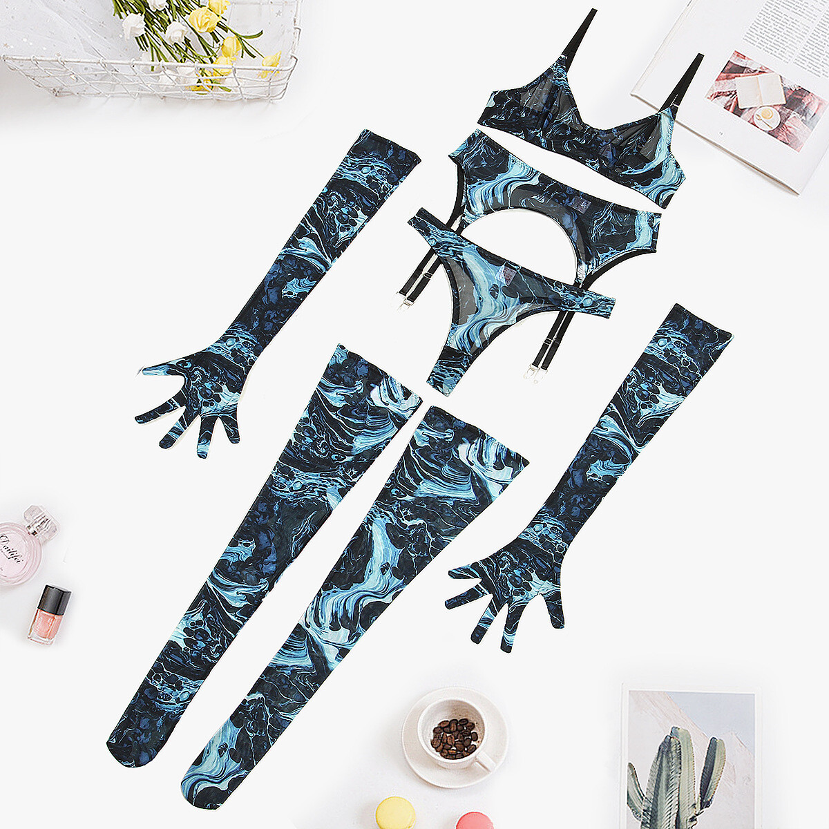 Arrival Colorful Ink Splatter Mesh Sexy Lingerie Set with Gloves and Garter Belt