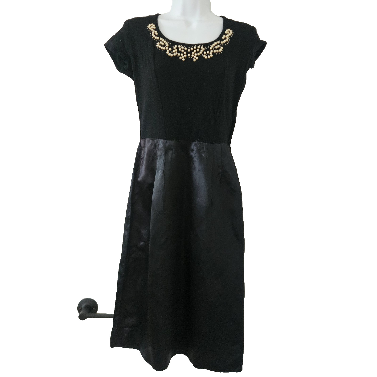 Womens Vtg Dress Cocktail Pearl Beaded Knit Satin 60s 50s Sheath Glam Classy
