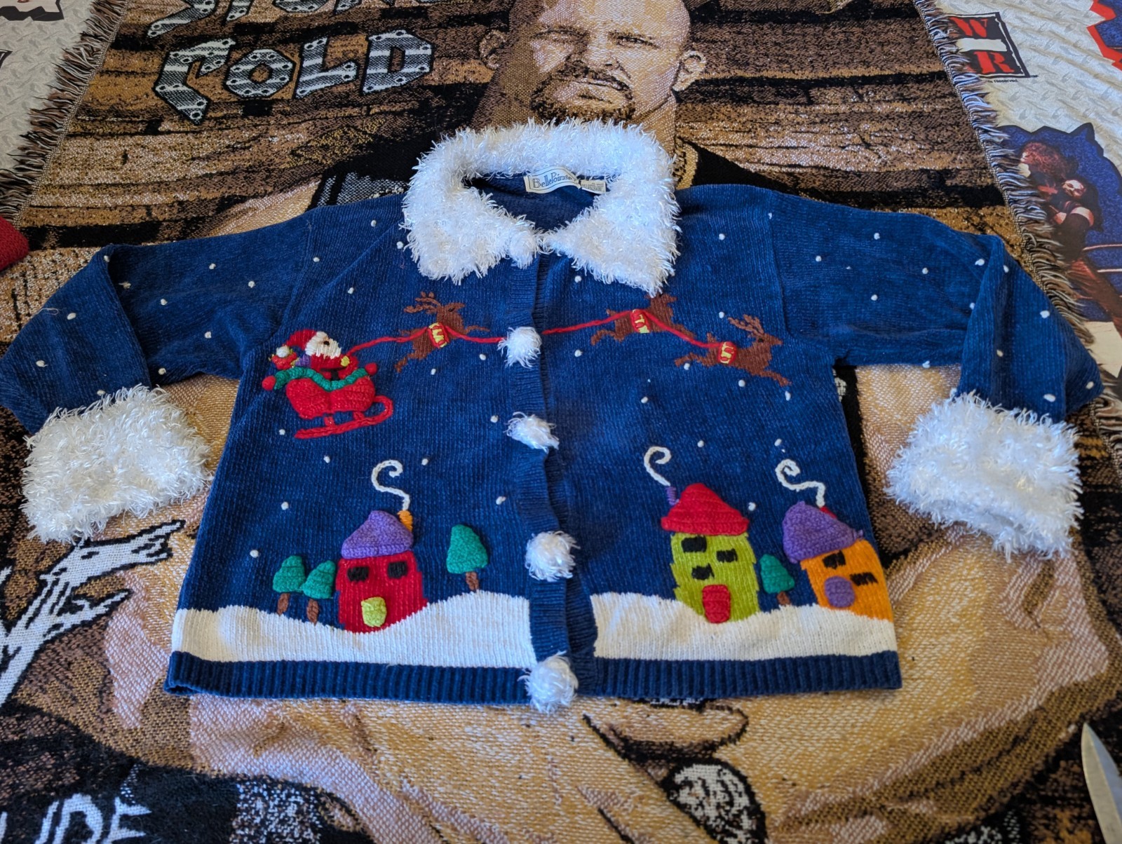 Vintage Bellepointe Blue Presents Ugly Santa Village Cardigan Medium