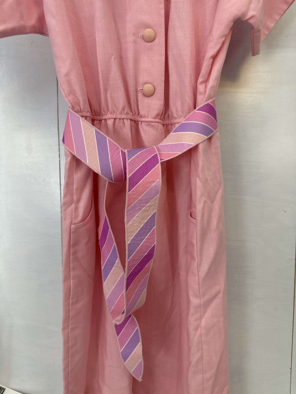 VTG Leslie Fay Womans Pink Shirt DressUSA Belted Pockets Cottagecore 90s 14 READ