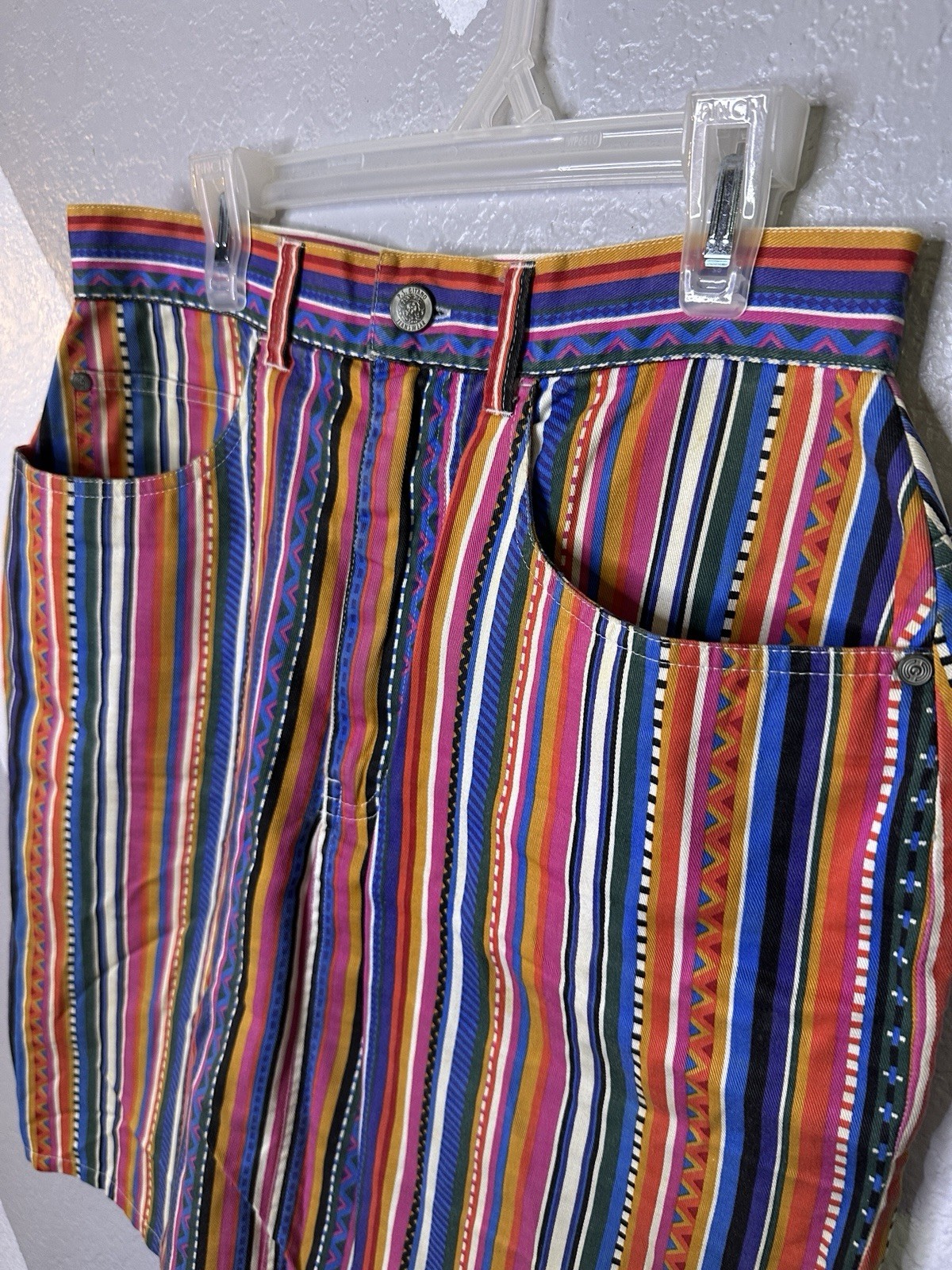 Vintage Skirt Gitano Tribal Stripe 1990s Pink White Blue Zipper Pocket Sz 11/12