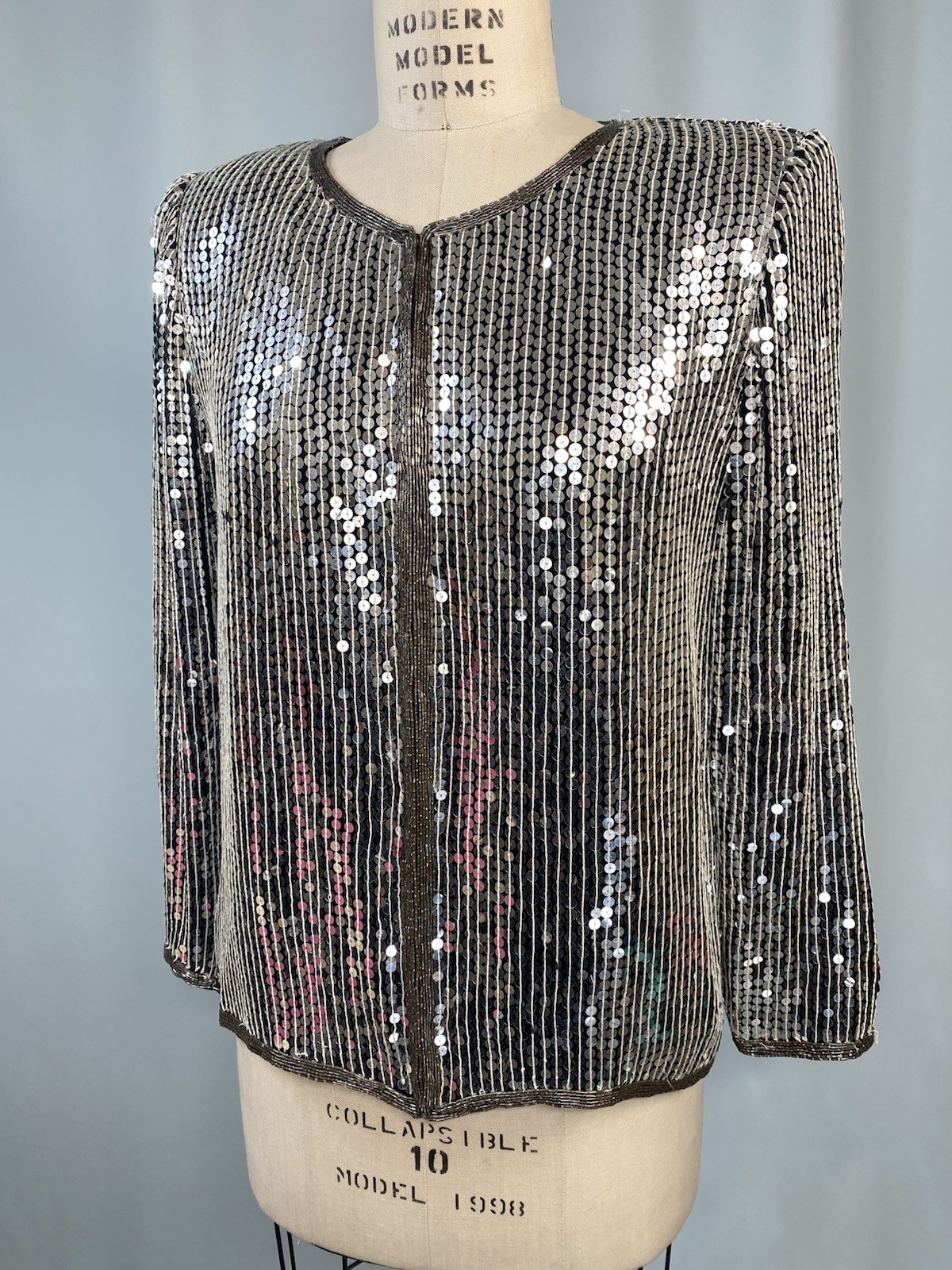 Vintage Sequin Top SIZE SMALL silver jacket STENAY 80s 90s classic formal