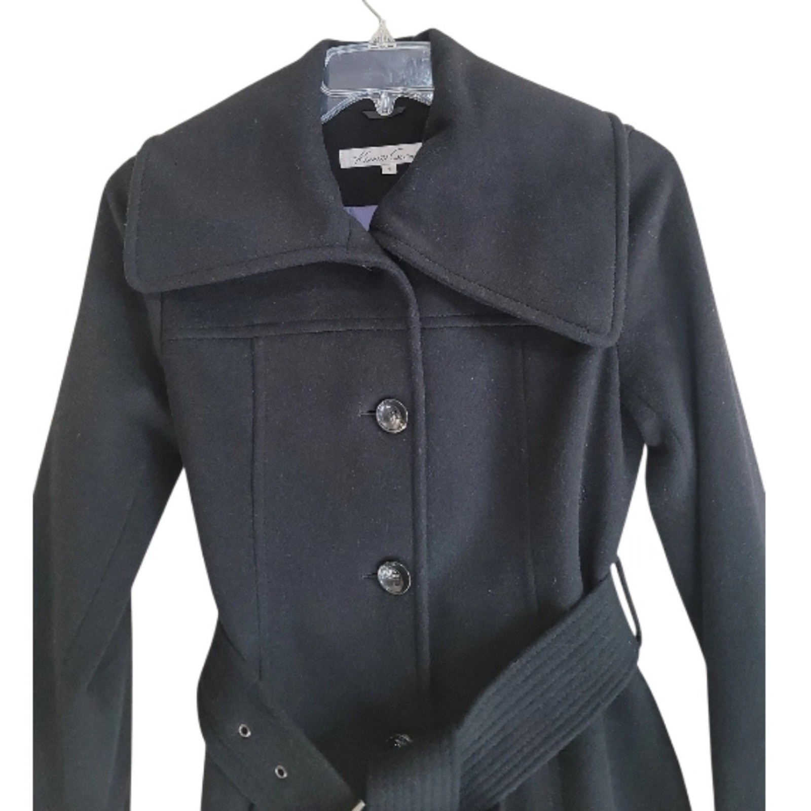 Kenneth Cole Women Black Woolblend Belted Pea Coat Size 4