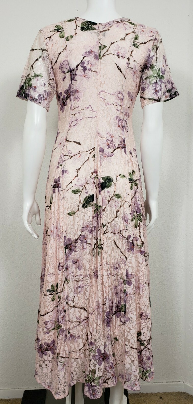 VTG Starina Womens Dress Size Small Sheer Lace Floral Short Sleeve Maxi Rayon