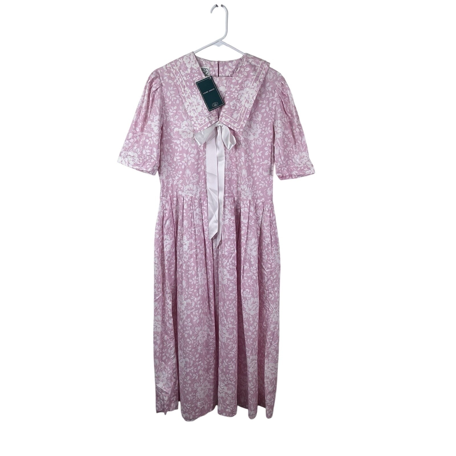 Vintage 80s LAURA ASHLEY NEW Dress Pink Floral Sailor Puff Sleeve 12