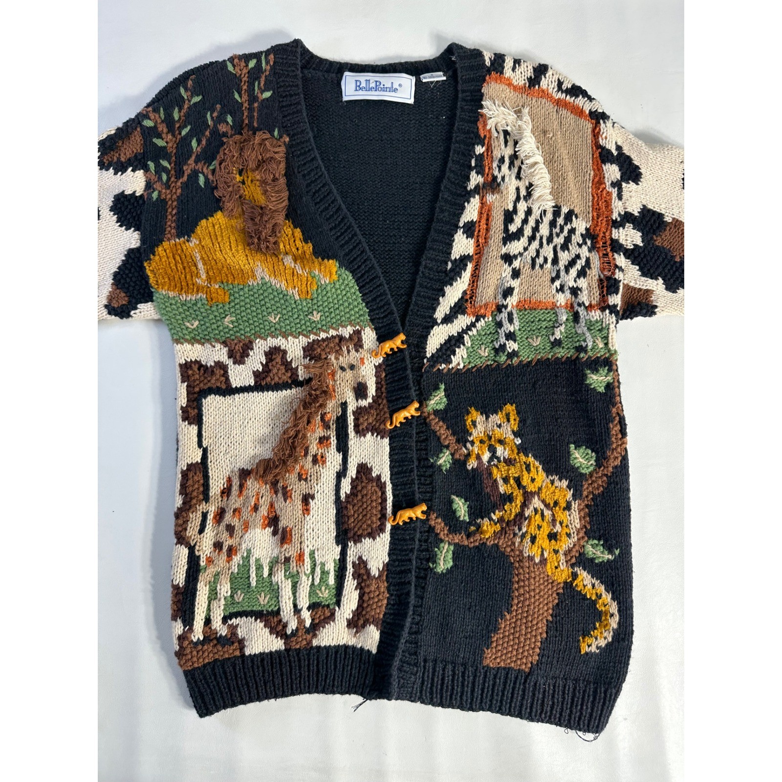 BellePointe Vintage Safari Animal Intarsia Chunky Knit Cardigan Sweater Black S