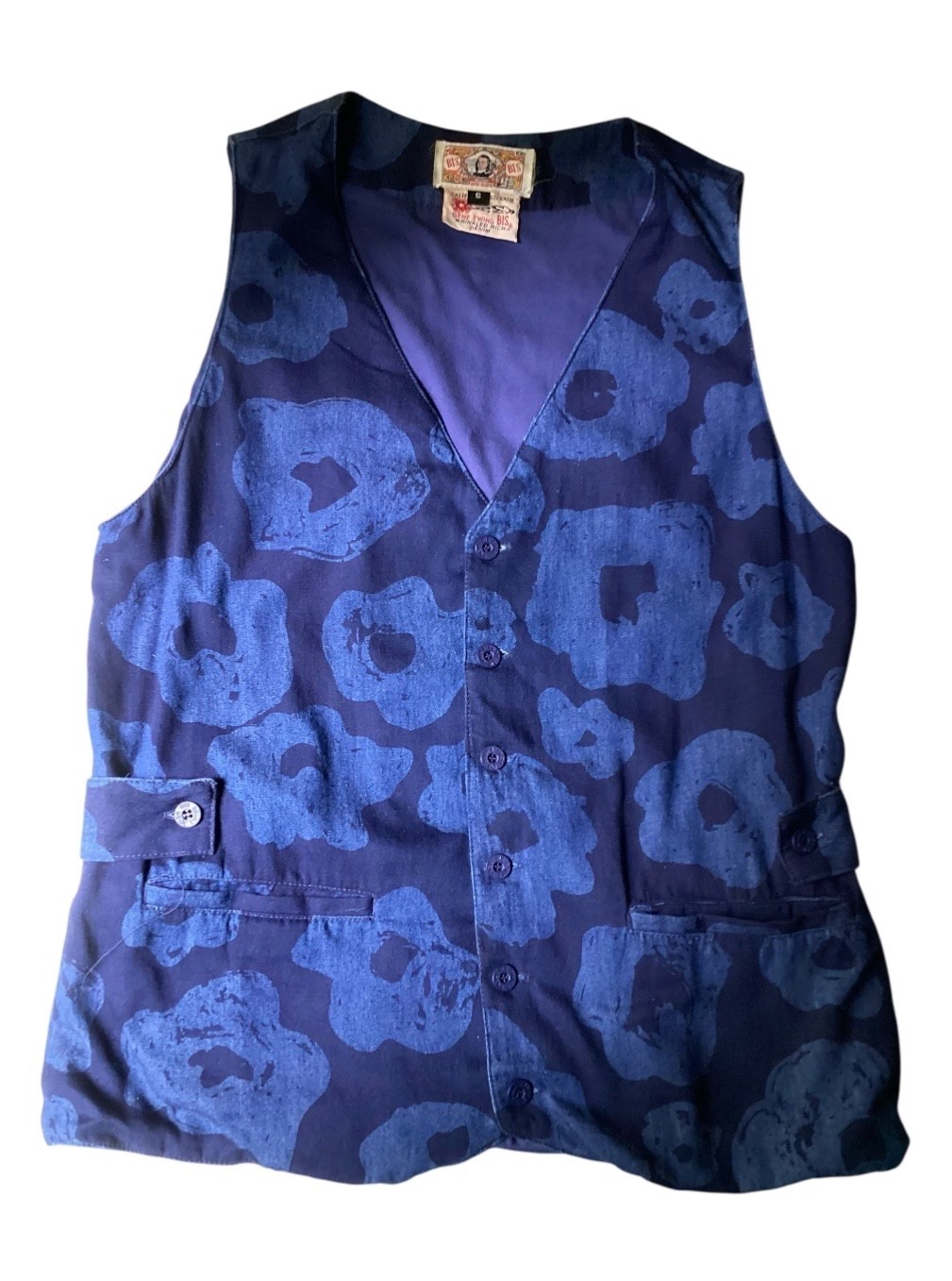 Vintage Gene Ewing Bis Size Small Sun Washed Denim Floral Print Cotton Vest