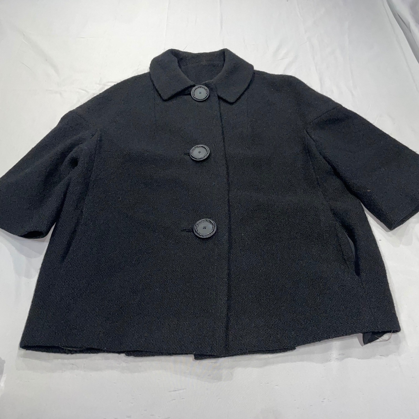Vintage Bonwit Teller Black Bouclé Swing Coat Cropped Sleeve Wool Jacket