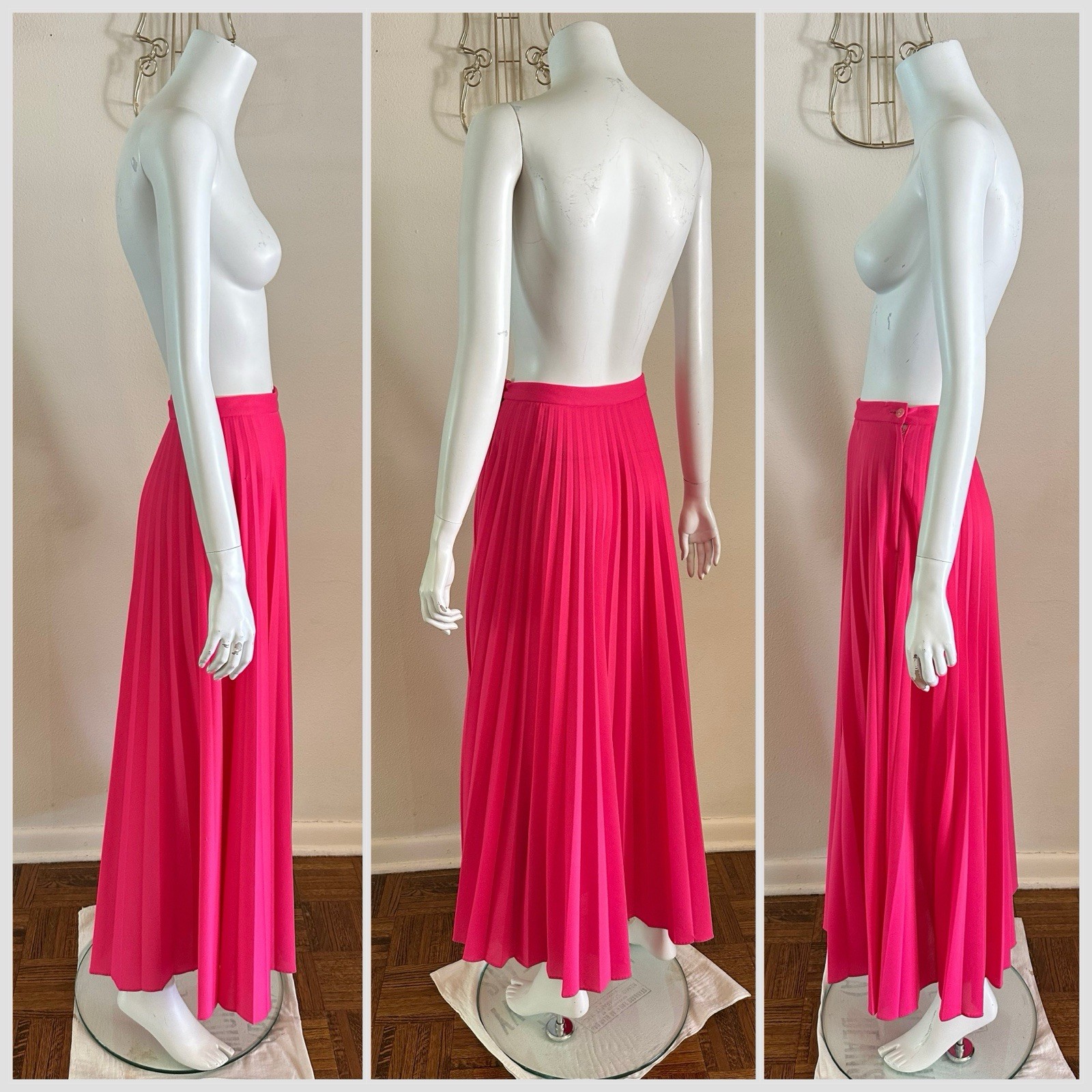 1970s Hot Pink Neon Knife Pleated Maxi Skirt Miss Shaheen Hawaii Resort S 6 VTG