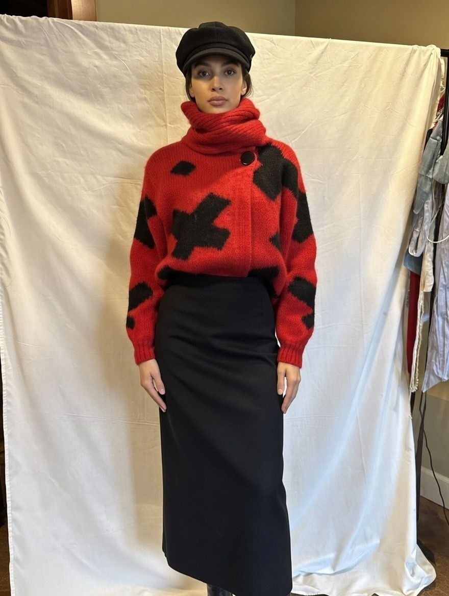 Vintage 80s Red Graphic Oversized Mohair Knit Jacket Statement Piece