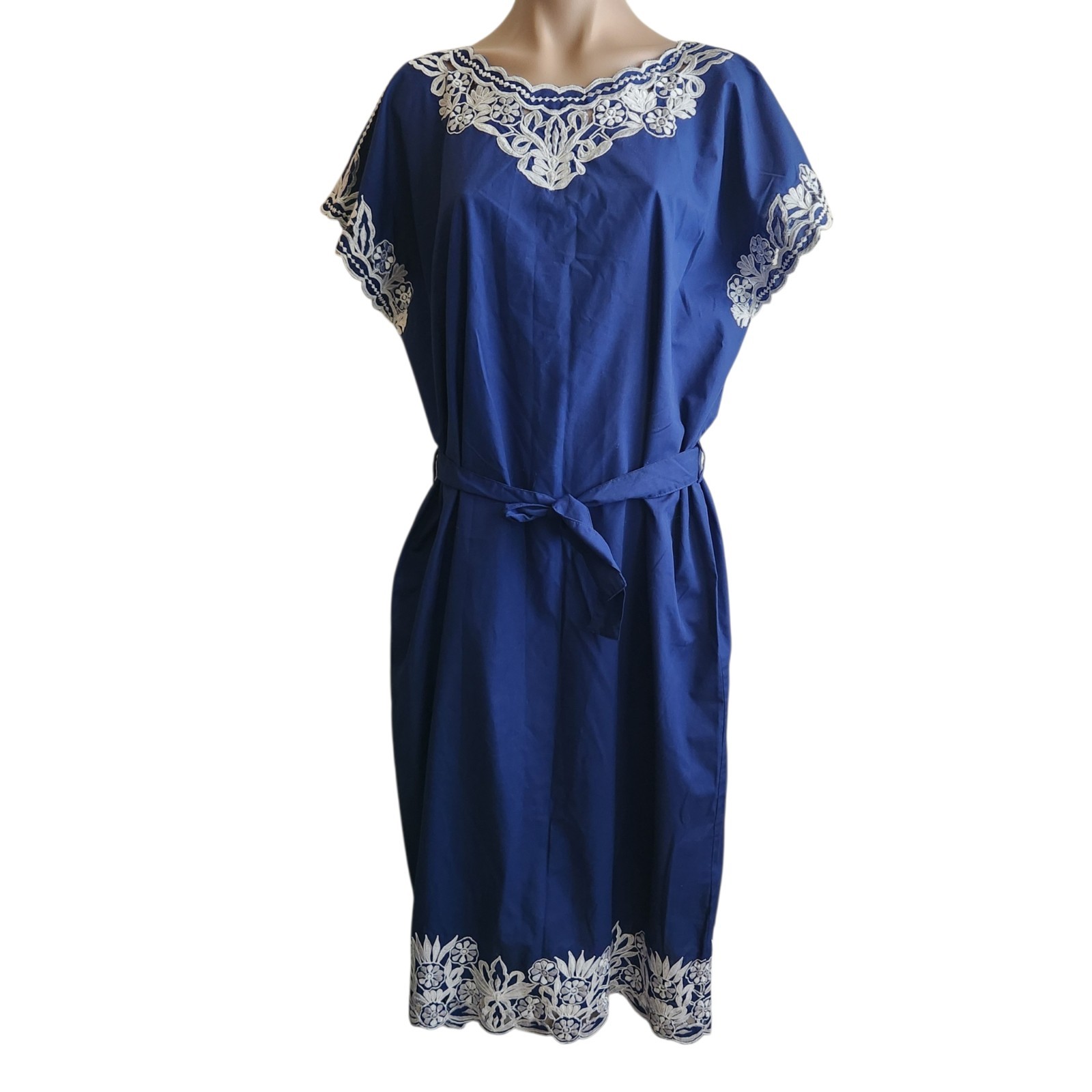 VTG 60s Caro Of Honolulu Hawaiian Aloha Dress Embroidered Blue MCM Boho Hippie
