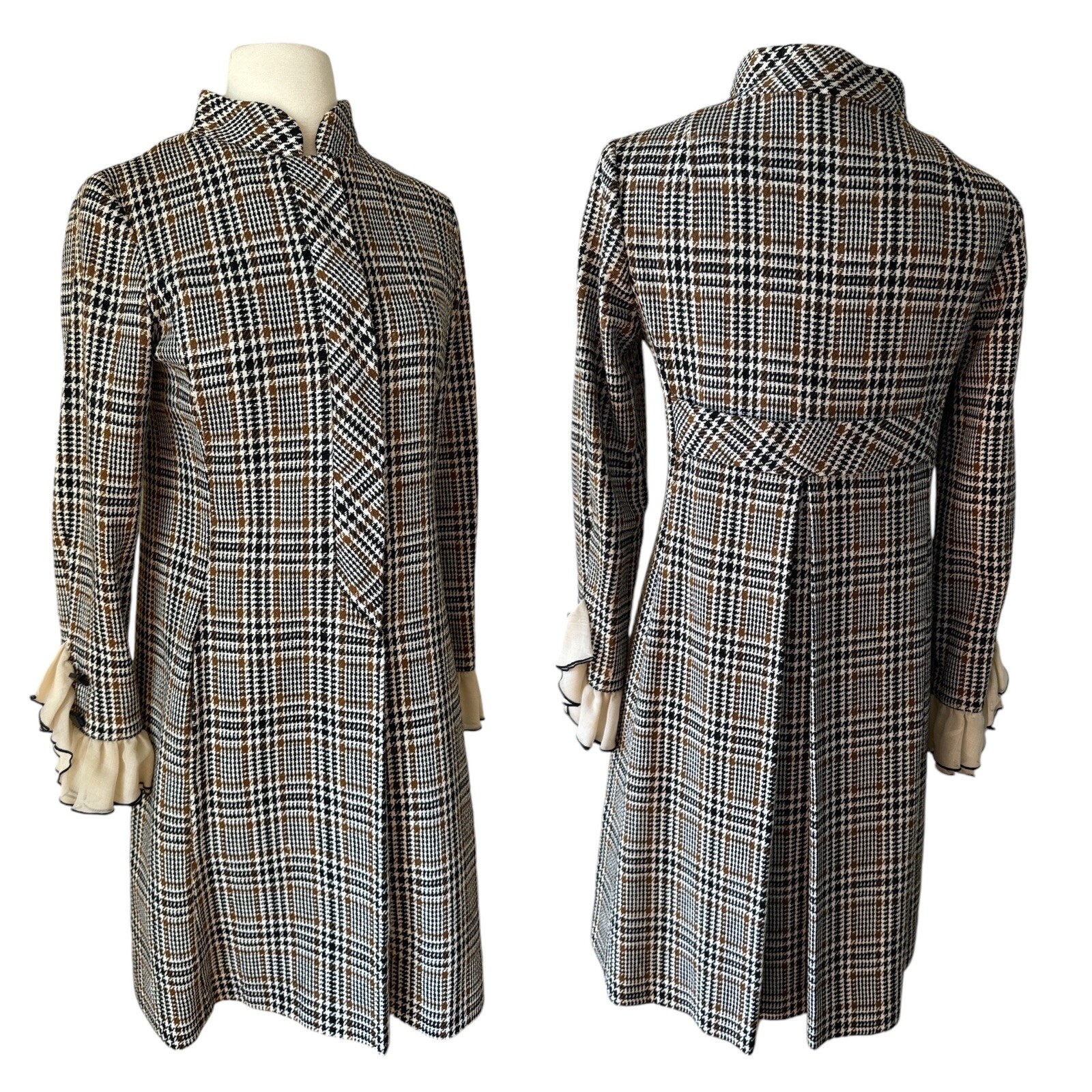 Vtg Mod Saks Fifth Avenue Brown Black Wool Tweed Plaid Dress Mandarin Collar M