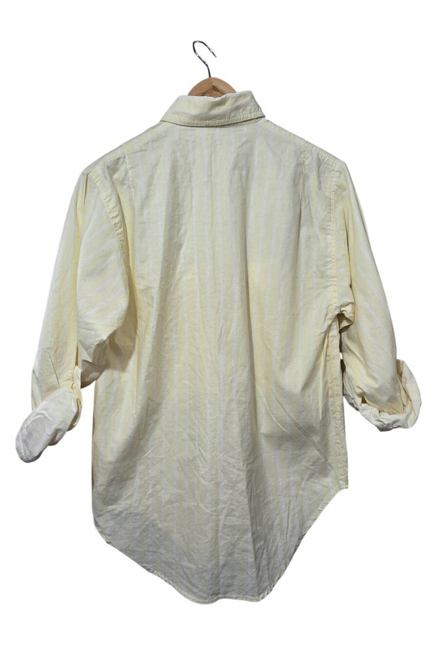 VTG 80s Ilio Striped Yellow White Button Up Shirt Roll Tab Sleeve Size S