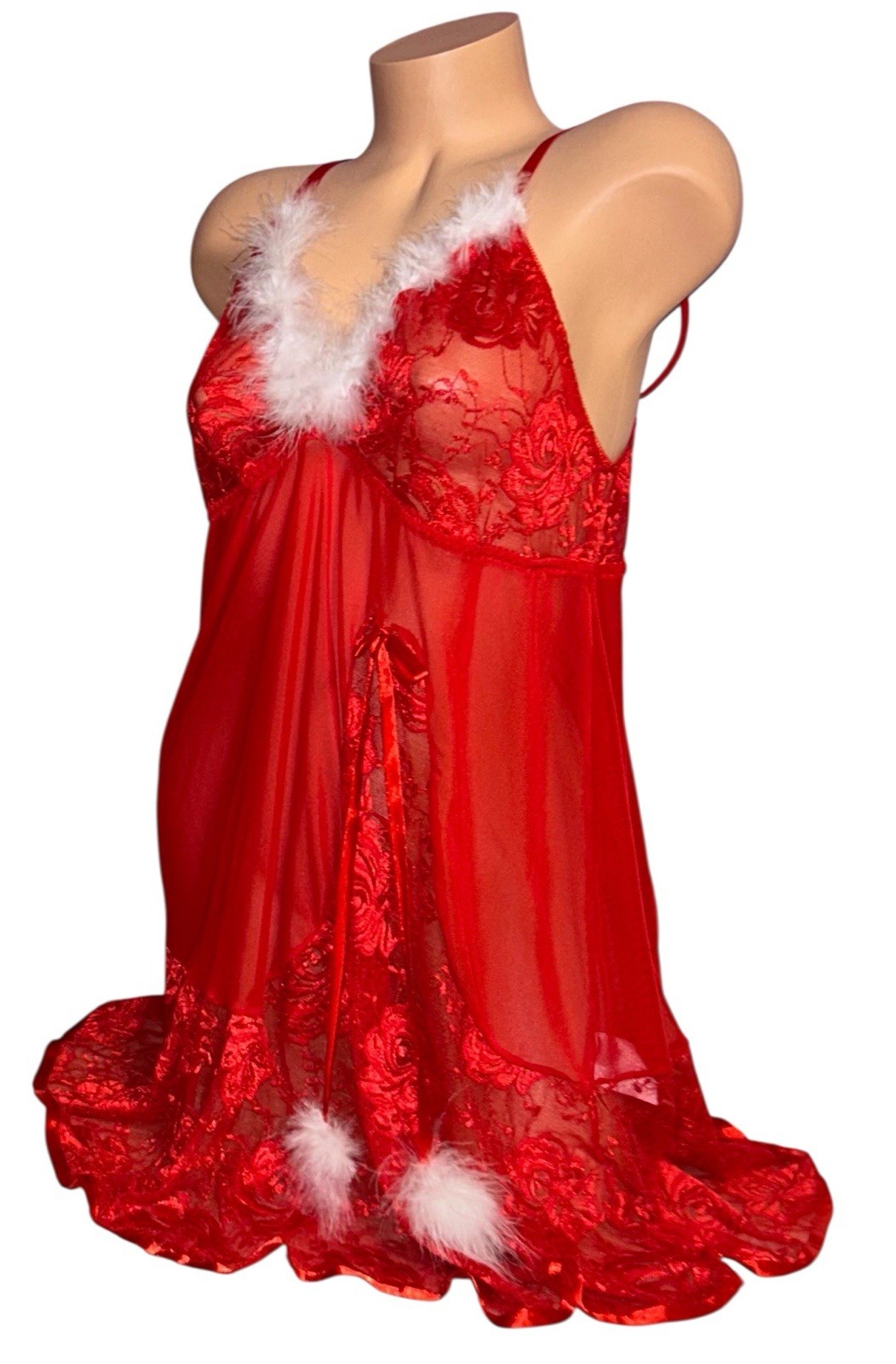 AVIDLOVE Red Silky Sheer Lace Shiny Satin White Fur Trim Nightie Nightgown 2XL