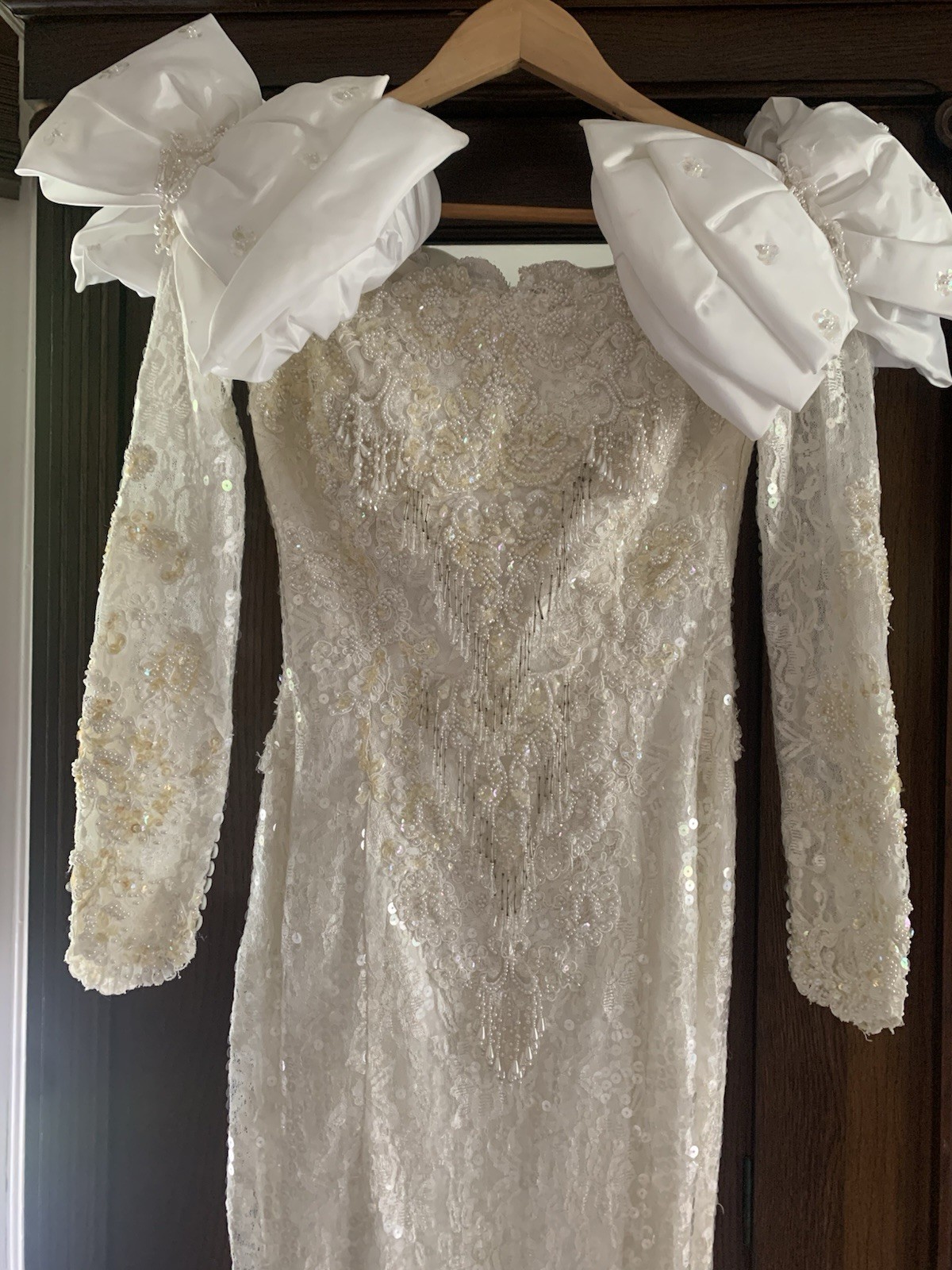 Vintage 80’s-90’s Sequin Beaded Ivory Formal Dress Gown Bow Sleeves Wedding Prom