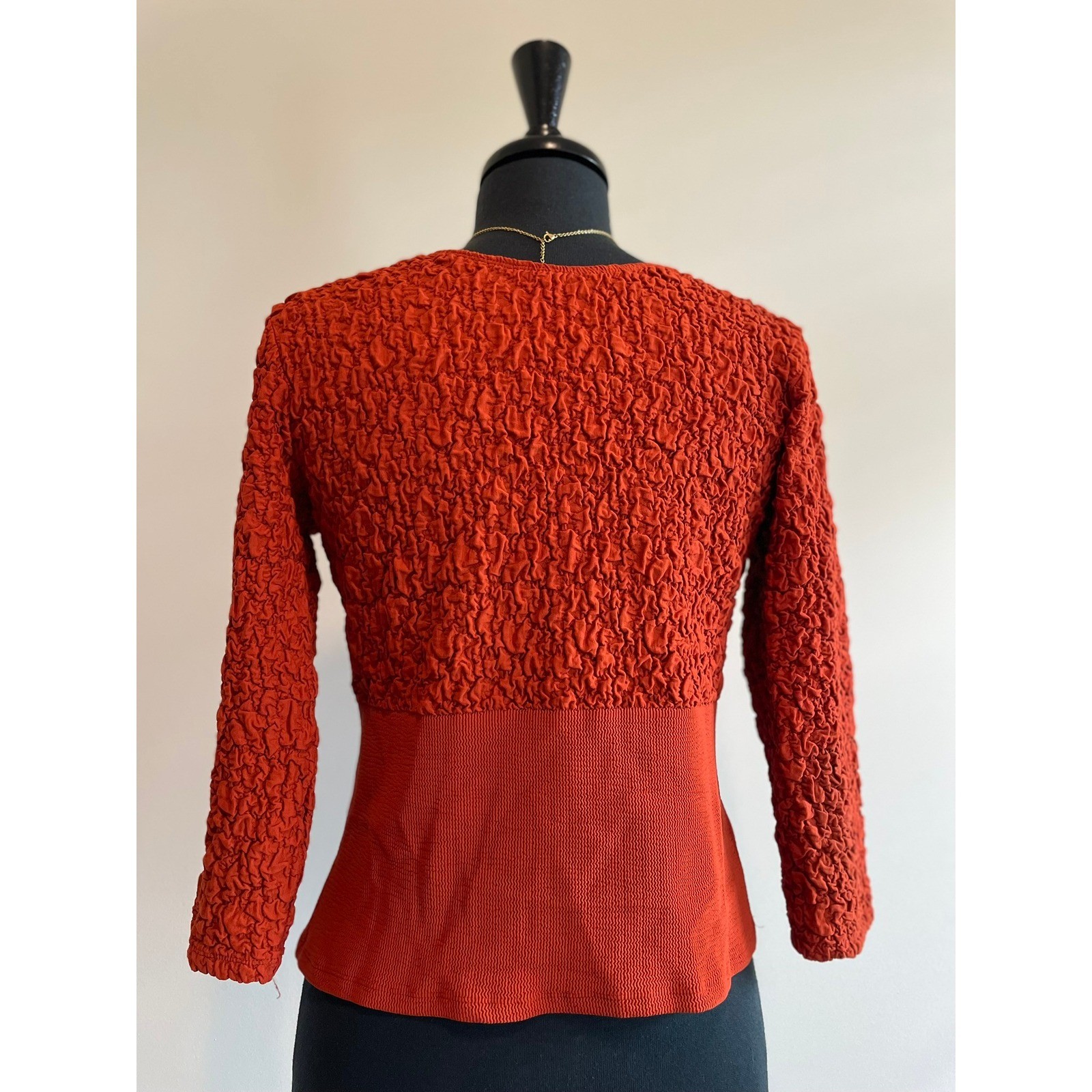 Vintage Rust Orange Textured 3/4 BOHO Sleeve Blouse Y2K Top L Made In USA