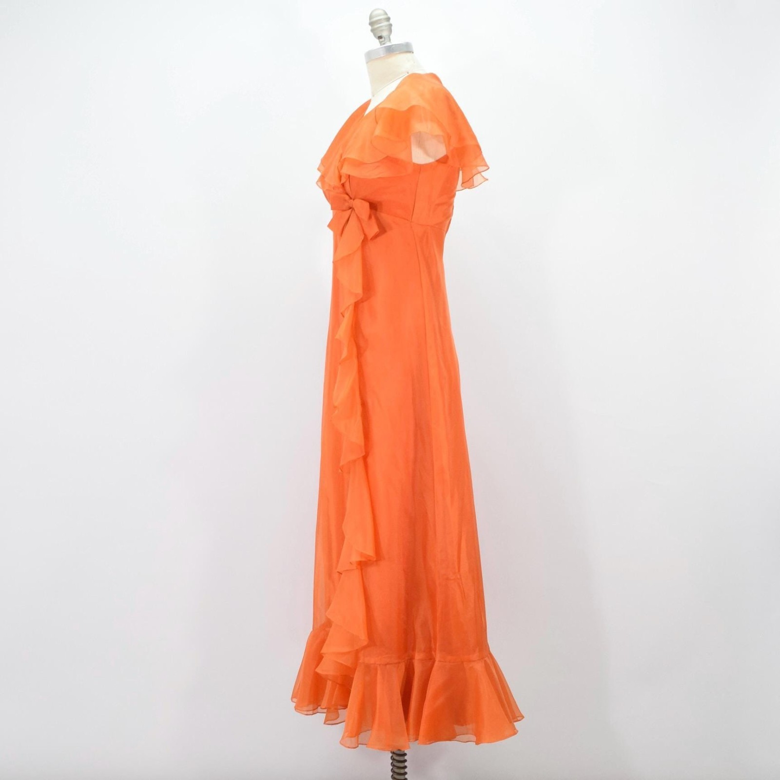 Vintage 70s Gown 2 Orange Sheer Organza Empire Waist Cape Sleeve Glam Formal