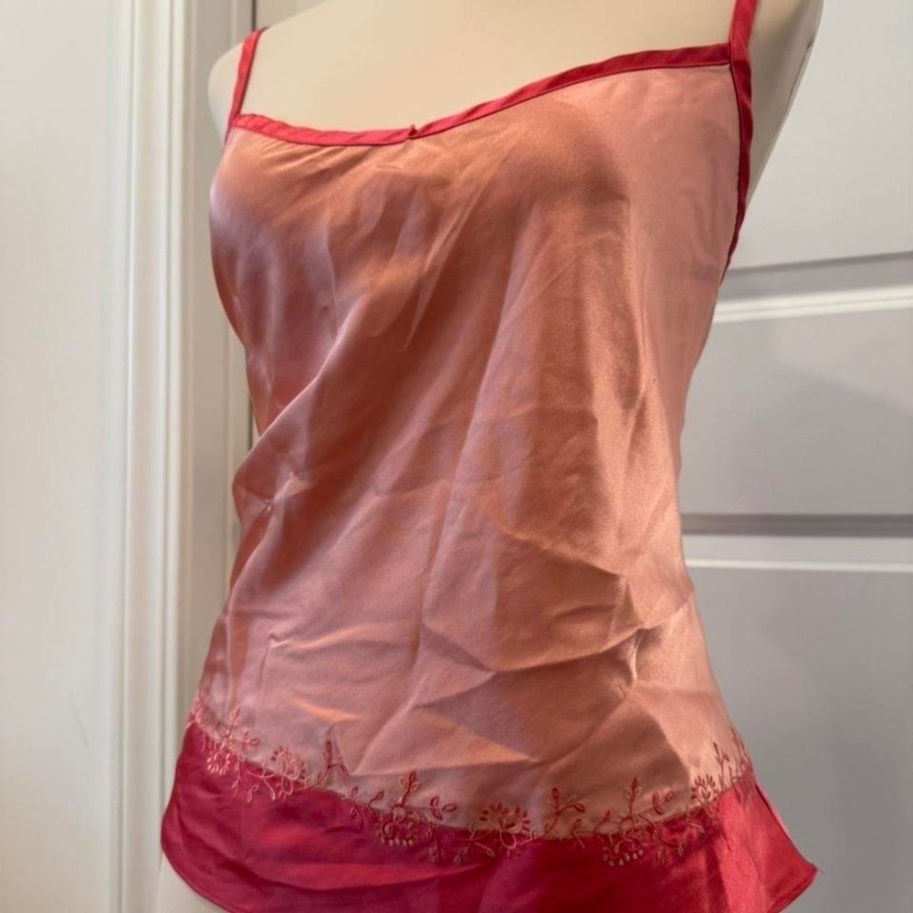 Y2K Secret Sleepwear Pink & Red Satin Cami Top Floral Embroidery Contrast Trim L