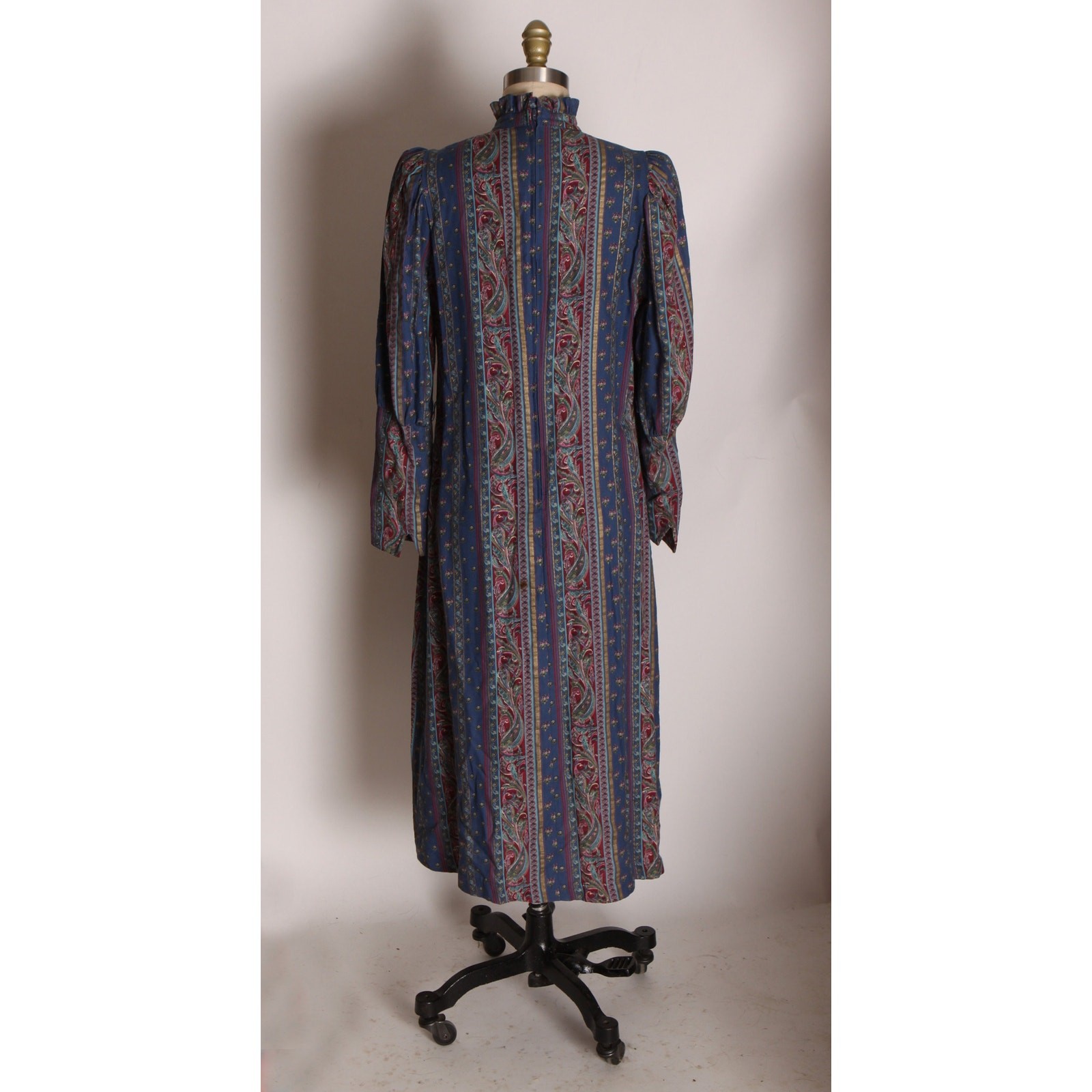 1970s Dark Blue Tan Burgundy Striped Paisley Long Sleeve Dress by Belle France