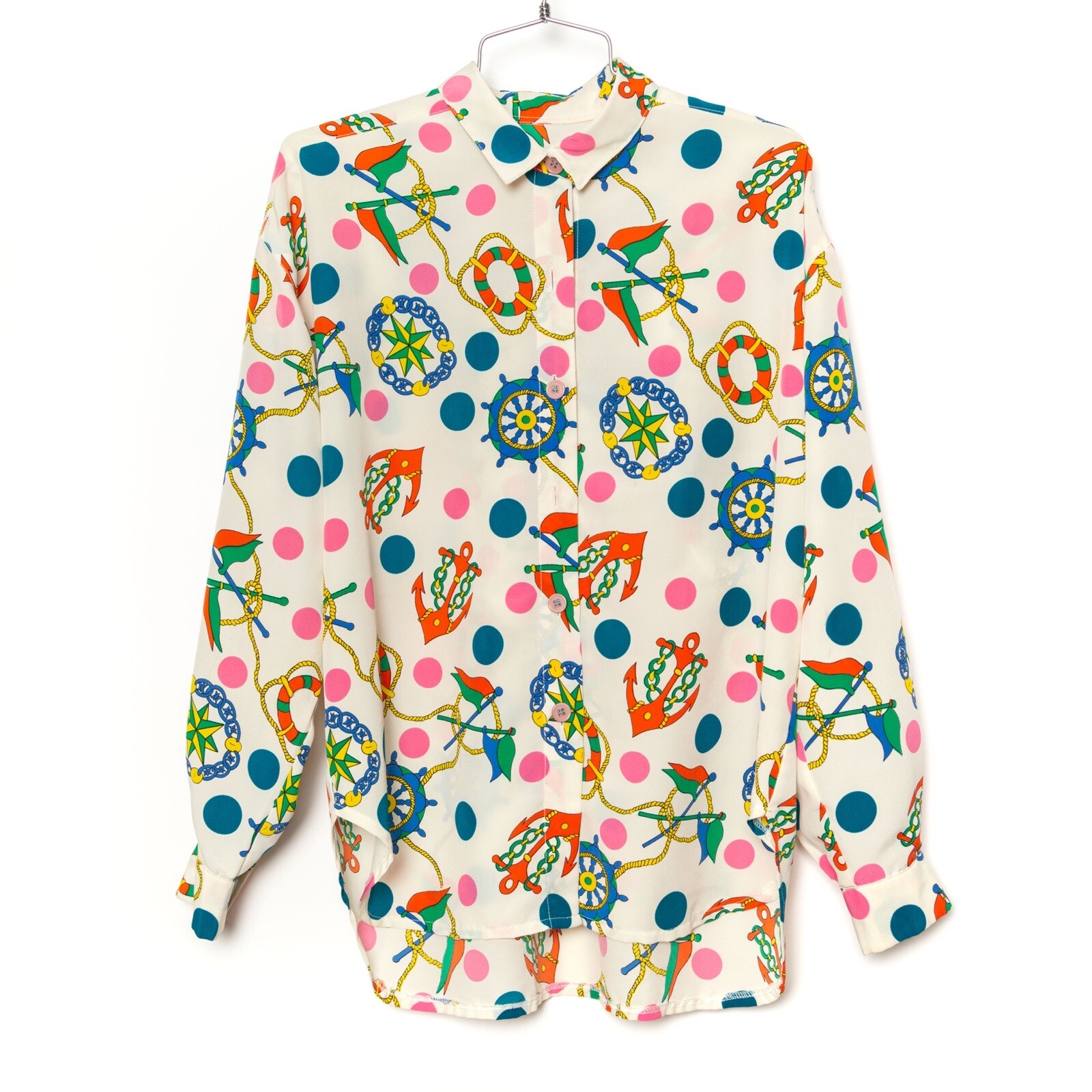 Vintage Nautical Anchor Print Blouse Multicolor Polka Dots, Approx. S M