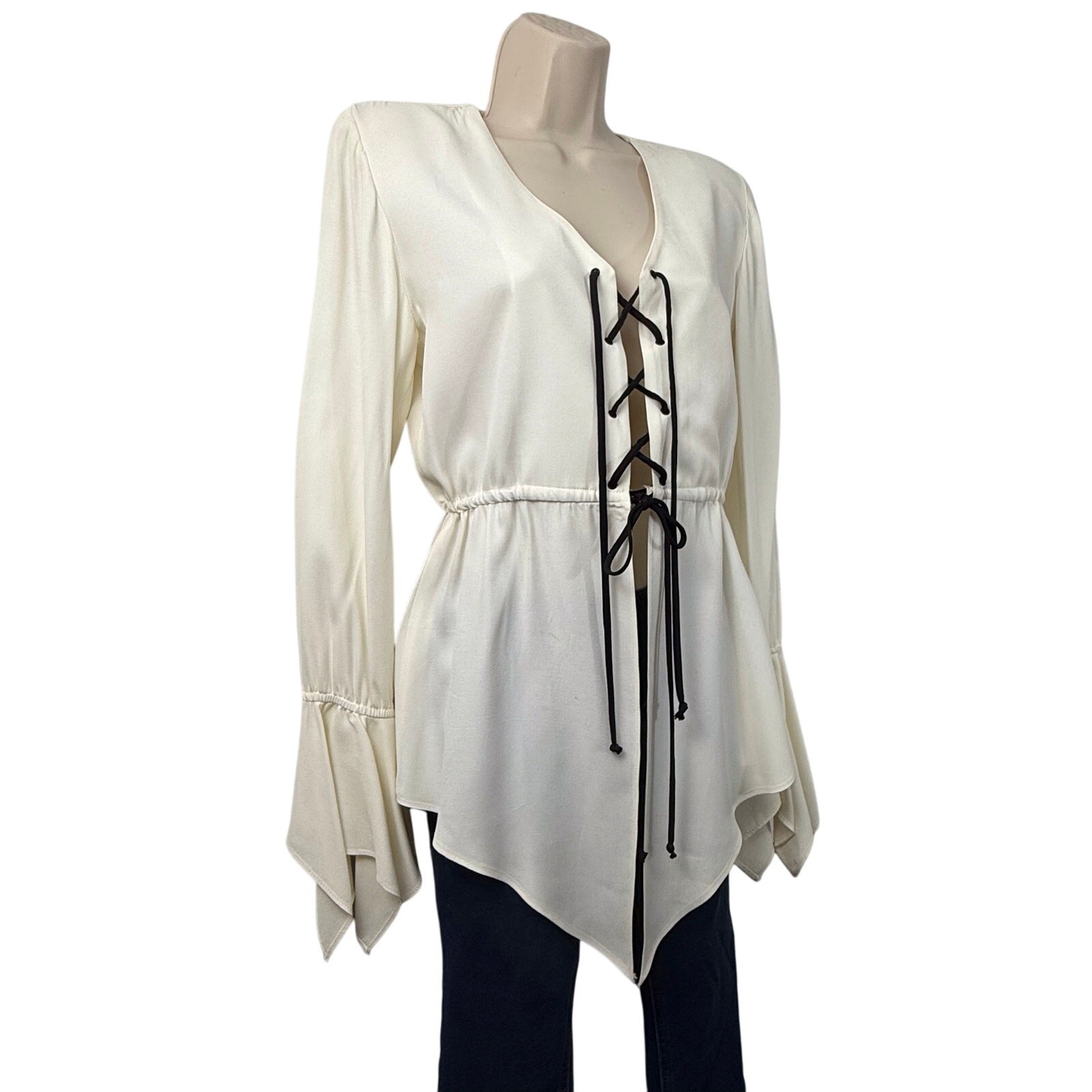 Vintage 80s Alyn Paige Renaissance Cream Lace up Front Long Sleeve Top