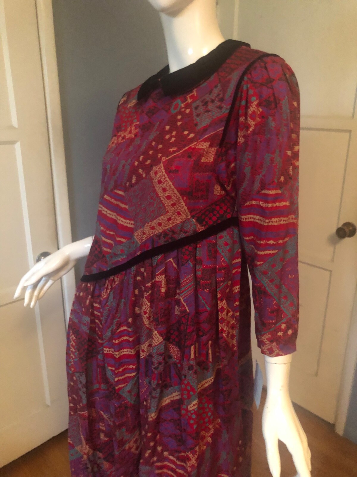 NWT Vtg 80s HORCHOW Dress M Rayon ART PATCHWORK Print COTTAGECORE Collar MIDI